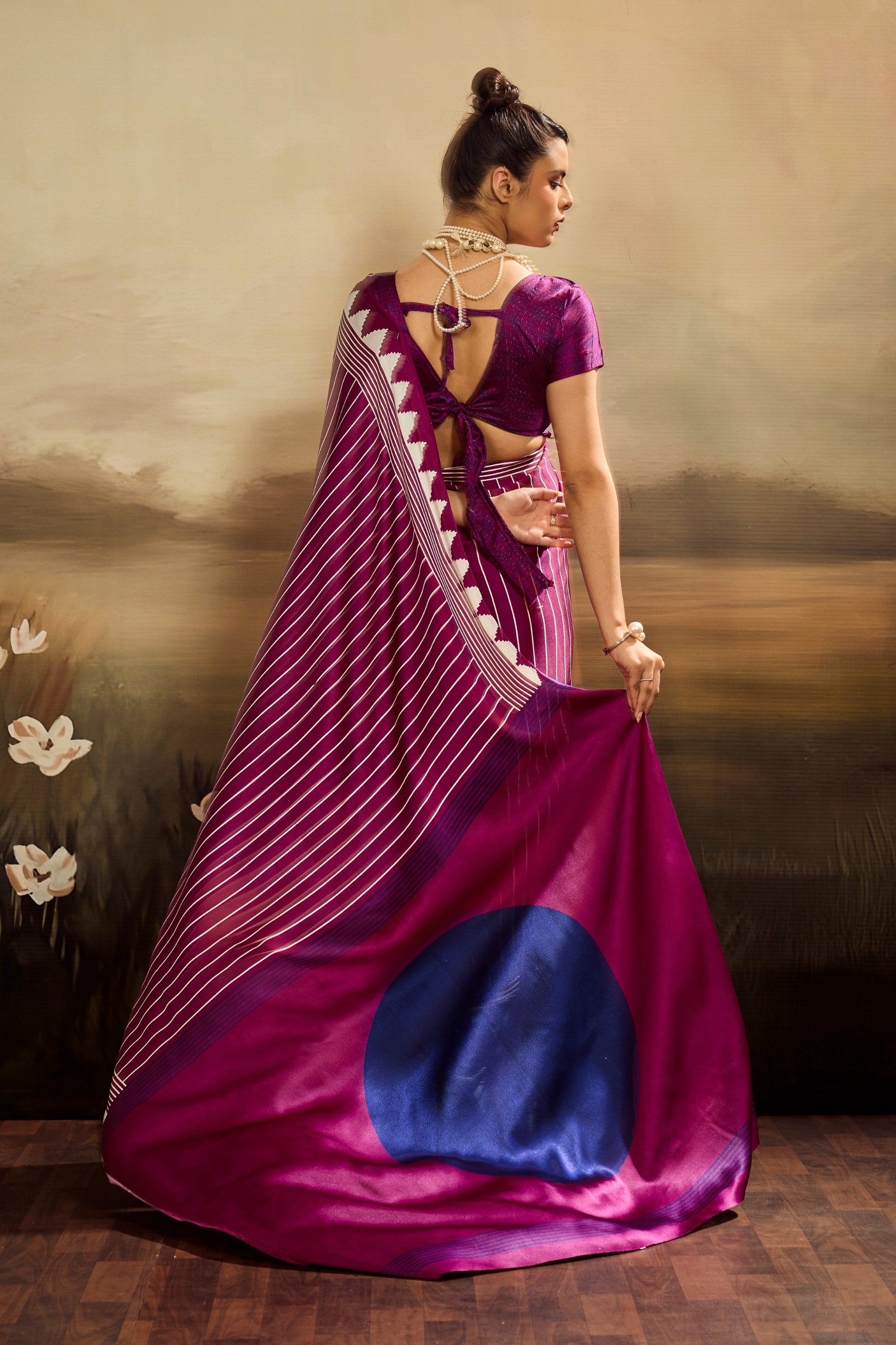 Buy MySilkLove Honey Flower Purple Ajrakh Printed Satin Crepe Silk Saree Online