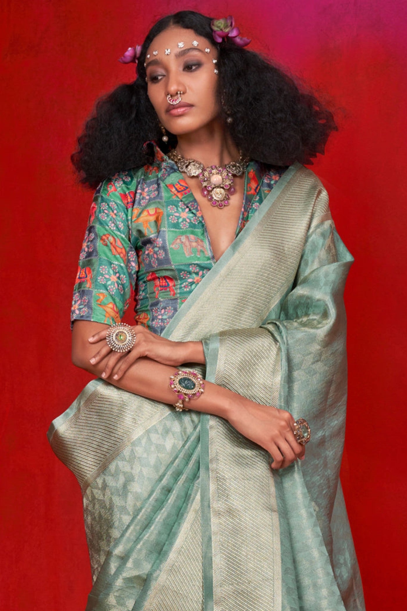 Buy MySilkLove Mint Green Woven Tissue Silk Saree Online