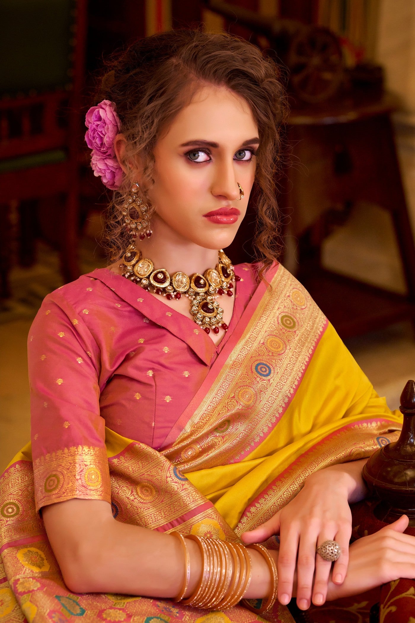 MySilkLove Aureolin Yellow Woven Banarasi Soft Silk Saree