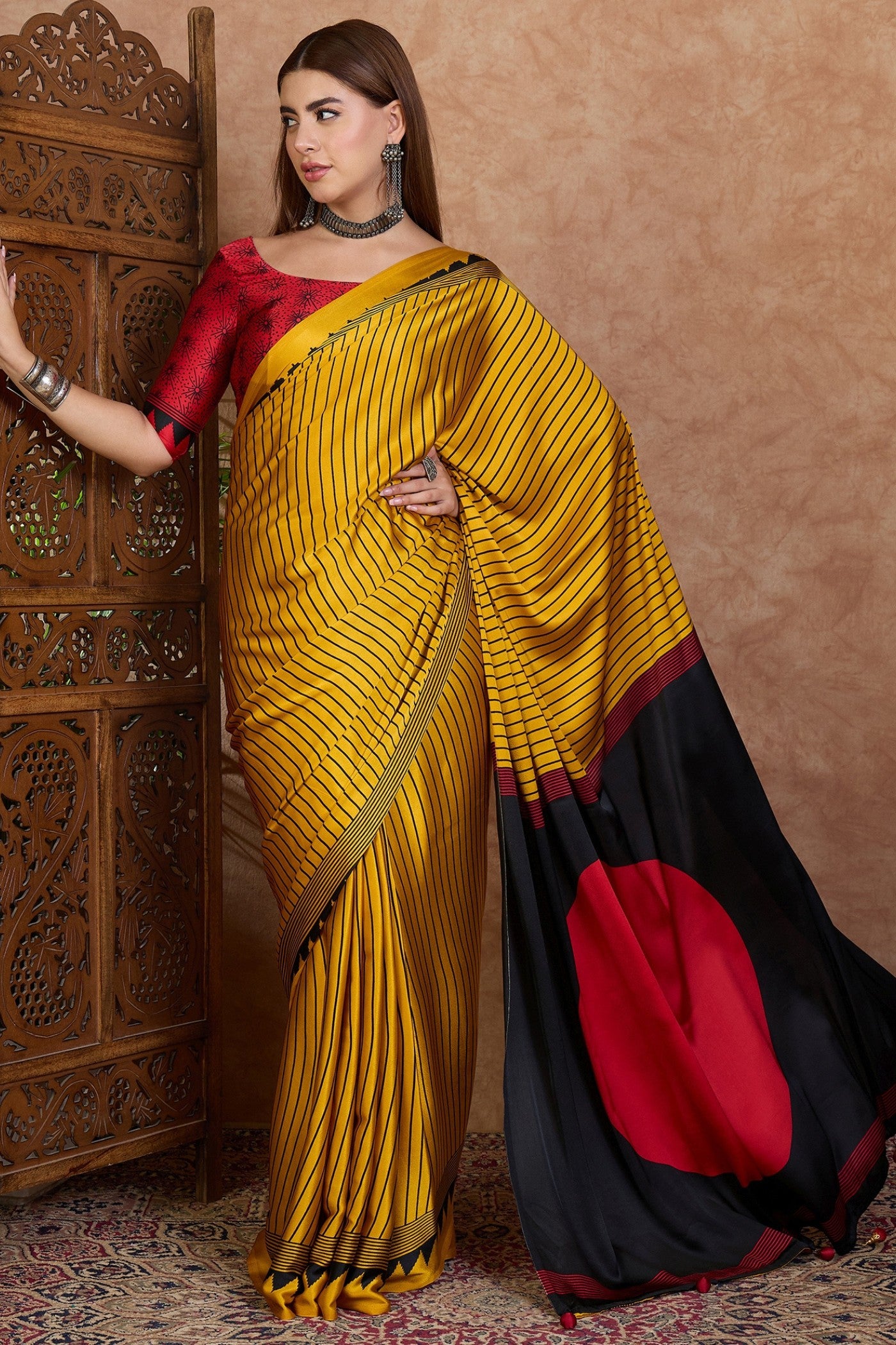 Buy MySilkLove Husk Yellow and Black Stripe Ajrakh Printed Satin Crepe Silk Saree Online
