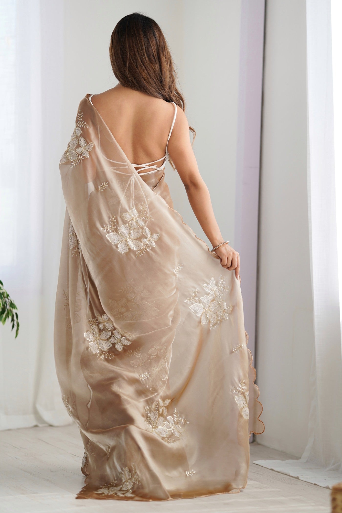 Buy MySilkLove Oyster Cream Floral Partywear Saree Online