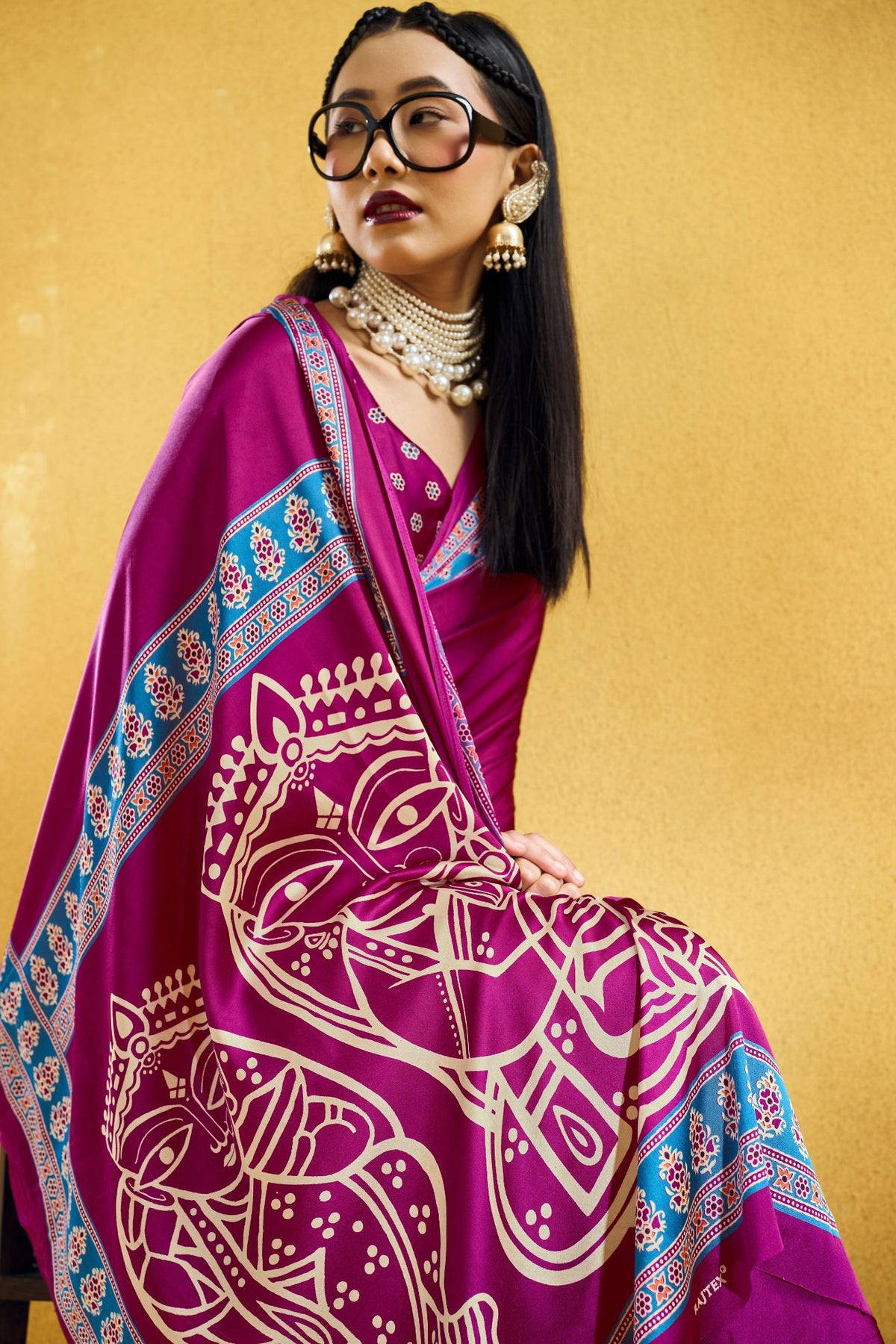 MySilkLove Plum Purple Modal Ajrakh Satin Printed Silk Saree