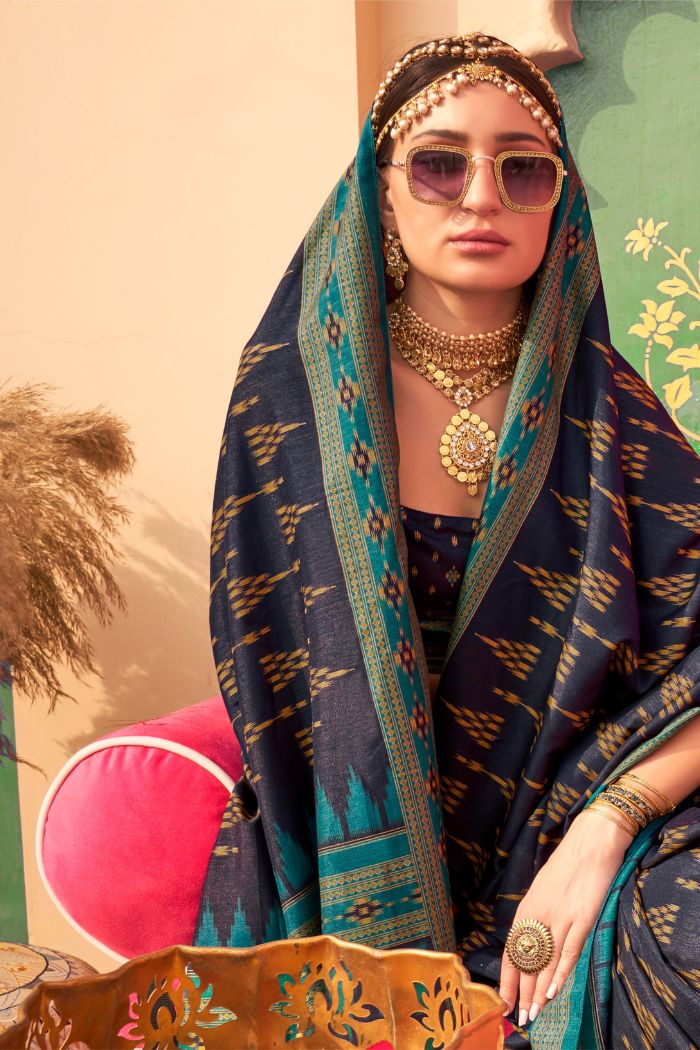 Buy MySilkLove Berry Blue Printed Banarasi Soft Silk Saree Online