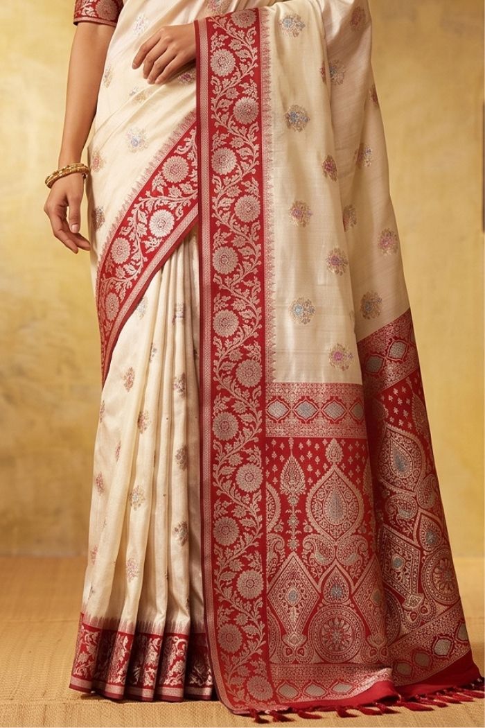 Buy MySilkLove Alabaster Cream Woven Banarasi Saree Online