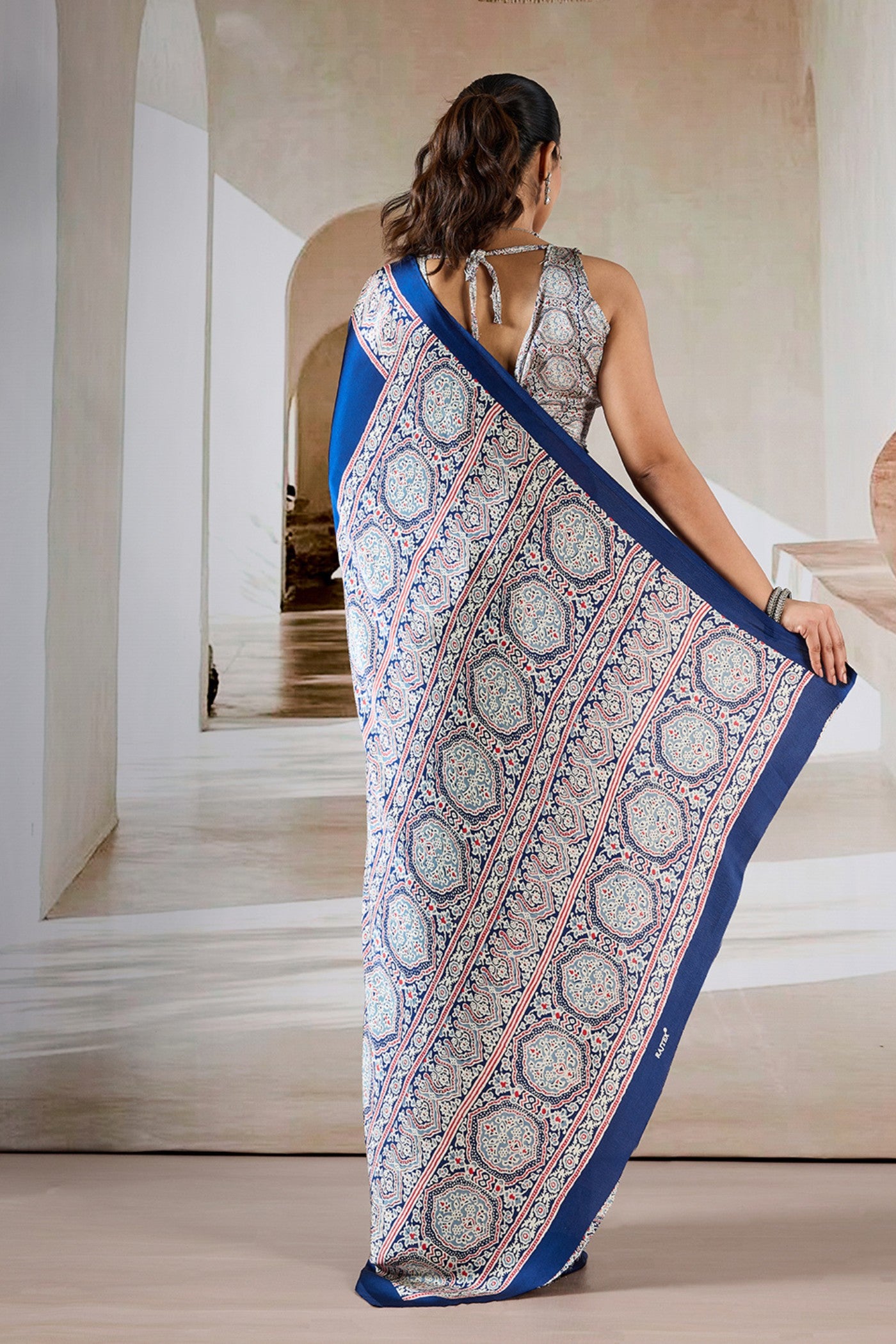 Buy MySilkLove Azure Blue Ajrakh Printed Satin Crepe Silk Saree Online