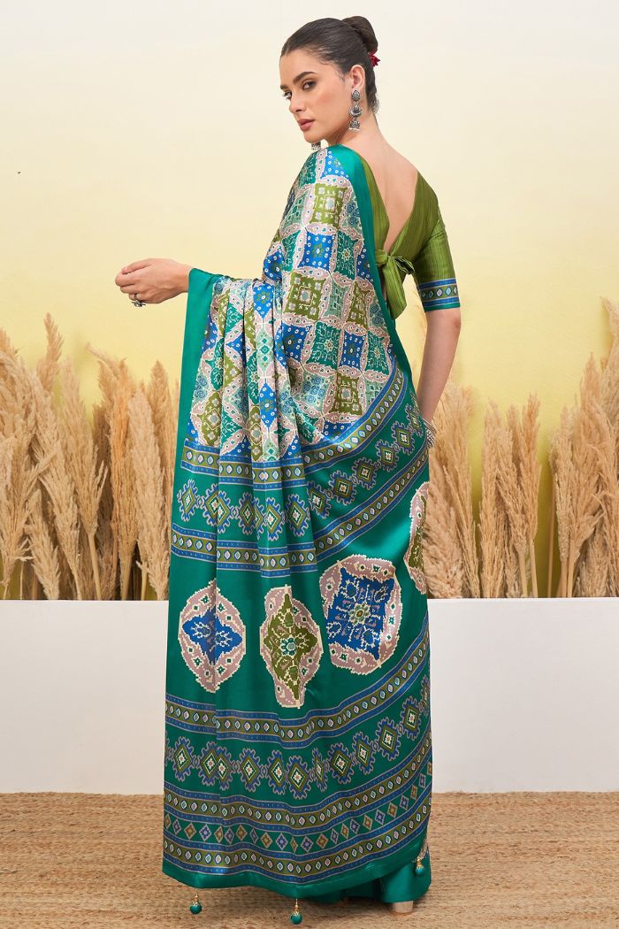 Buy MySilkLove Turquoise Blue Patola Printed Satin Crepe Silk Saree Online