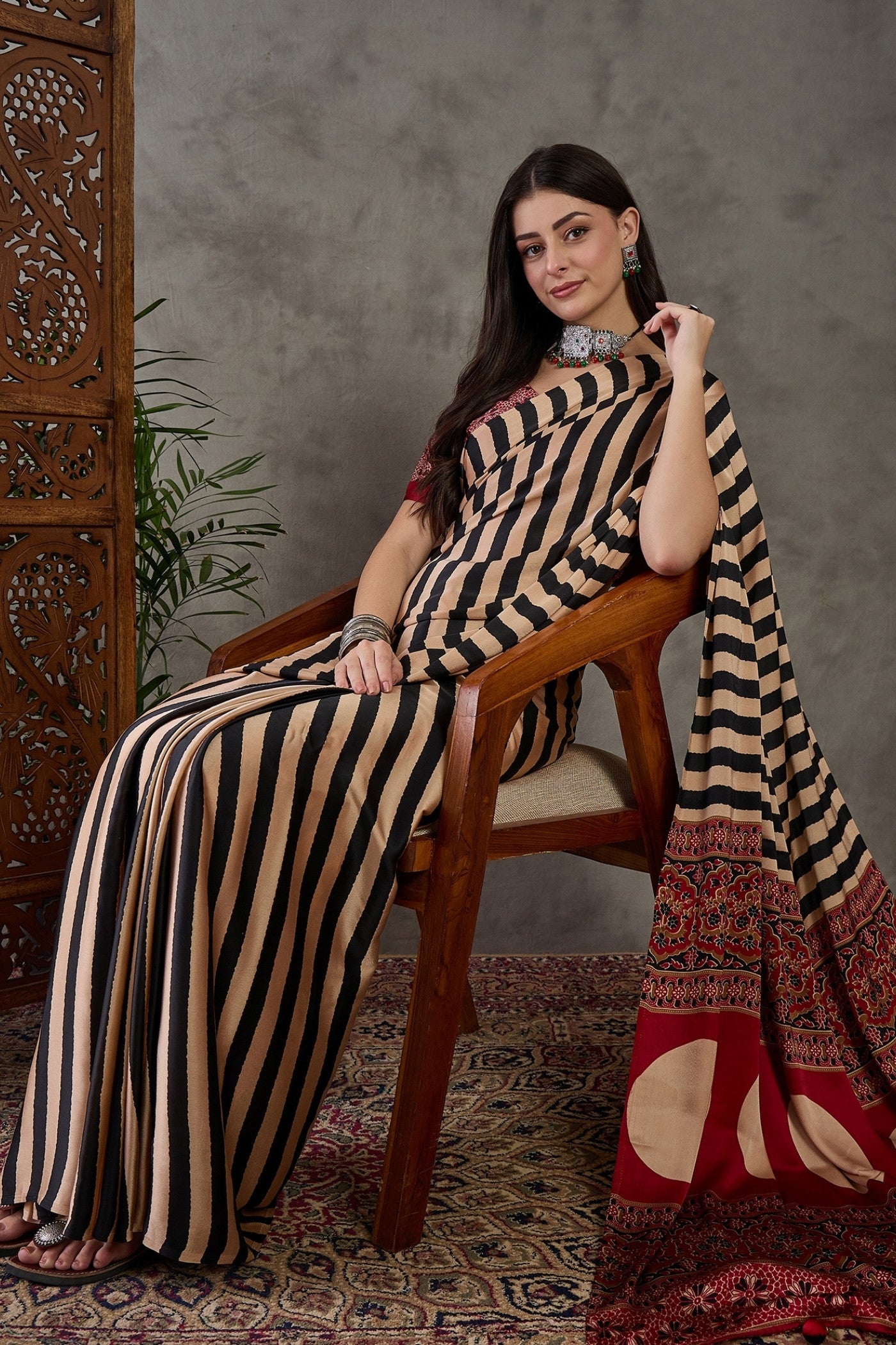 Buy MySilkLove Sonali Kulkarni Inspired: Buff Cream Stripe Ajrakh Printed Satin Gaji Silk Saree Online