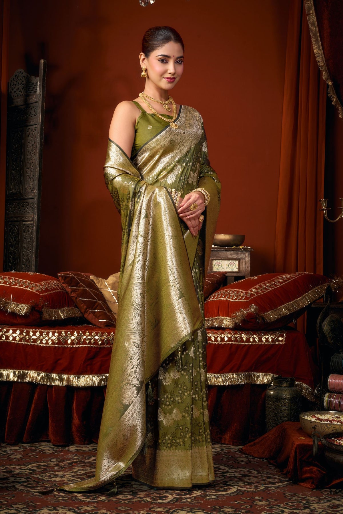 Buy MySilkLove Avocado Green Woven Banarasi Jacquard Soft Silk Saree Online