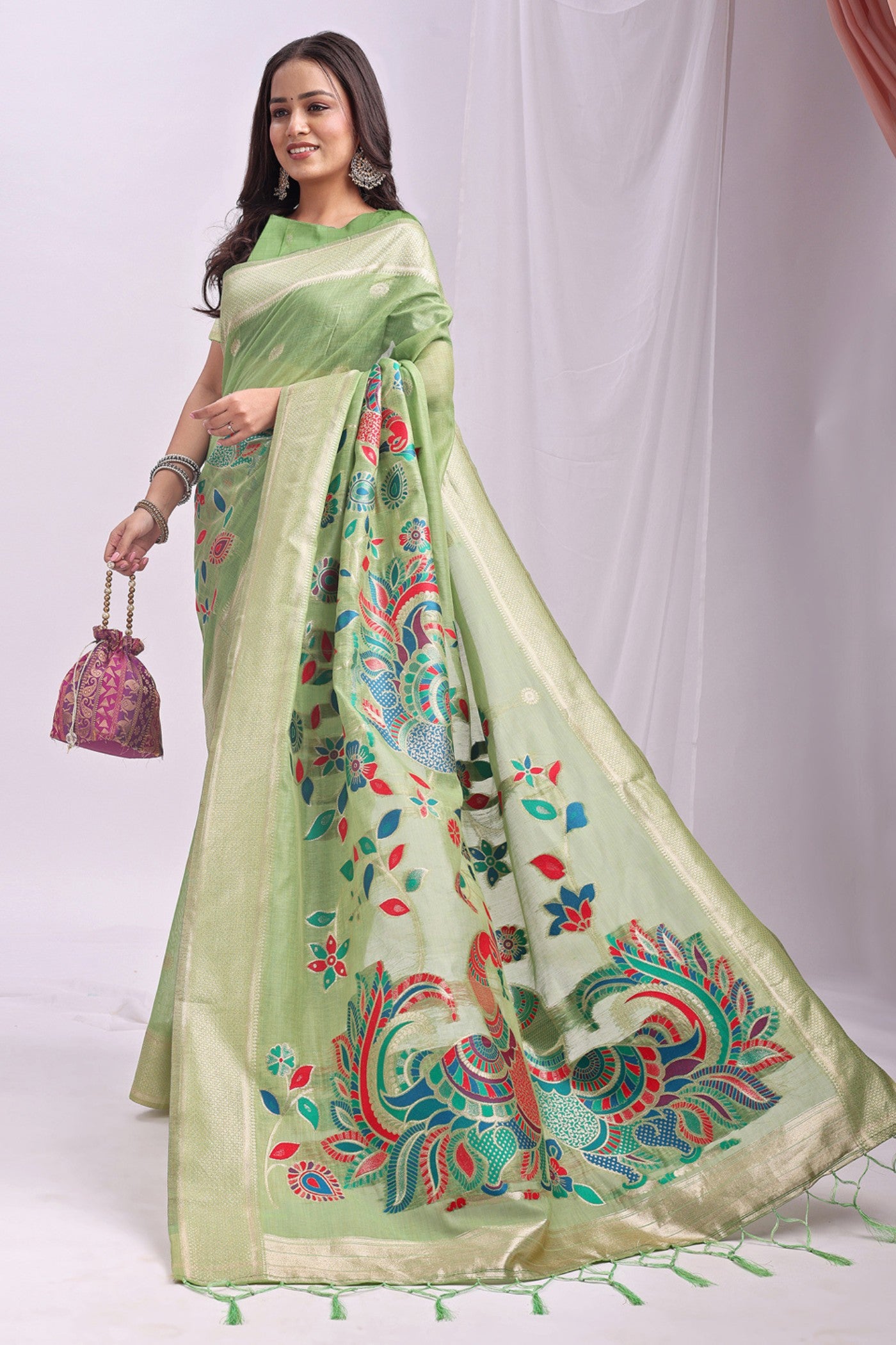 Buy MySilkLove Pistachio Green Woven Linen Cotton Saree Online