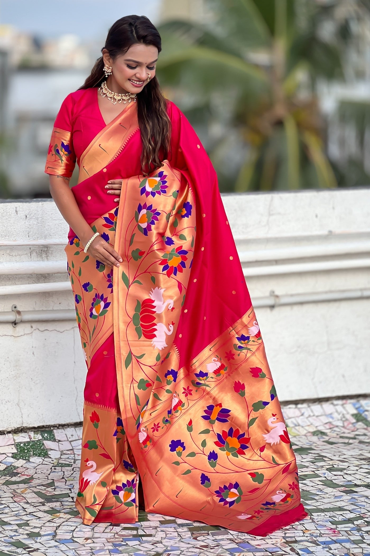 Buy MySilkLove Punch Pink Woven Paithani Saree Online