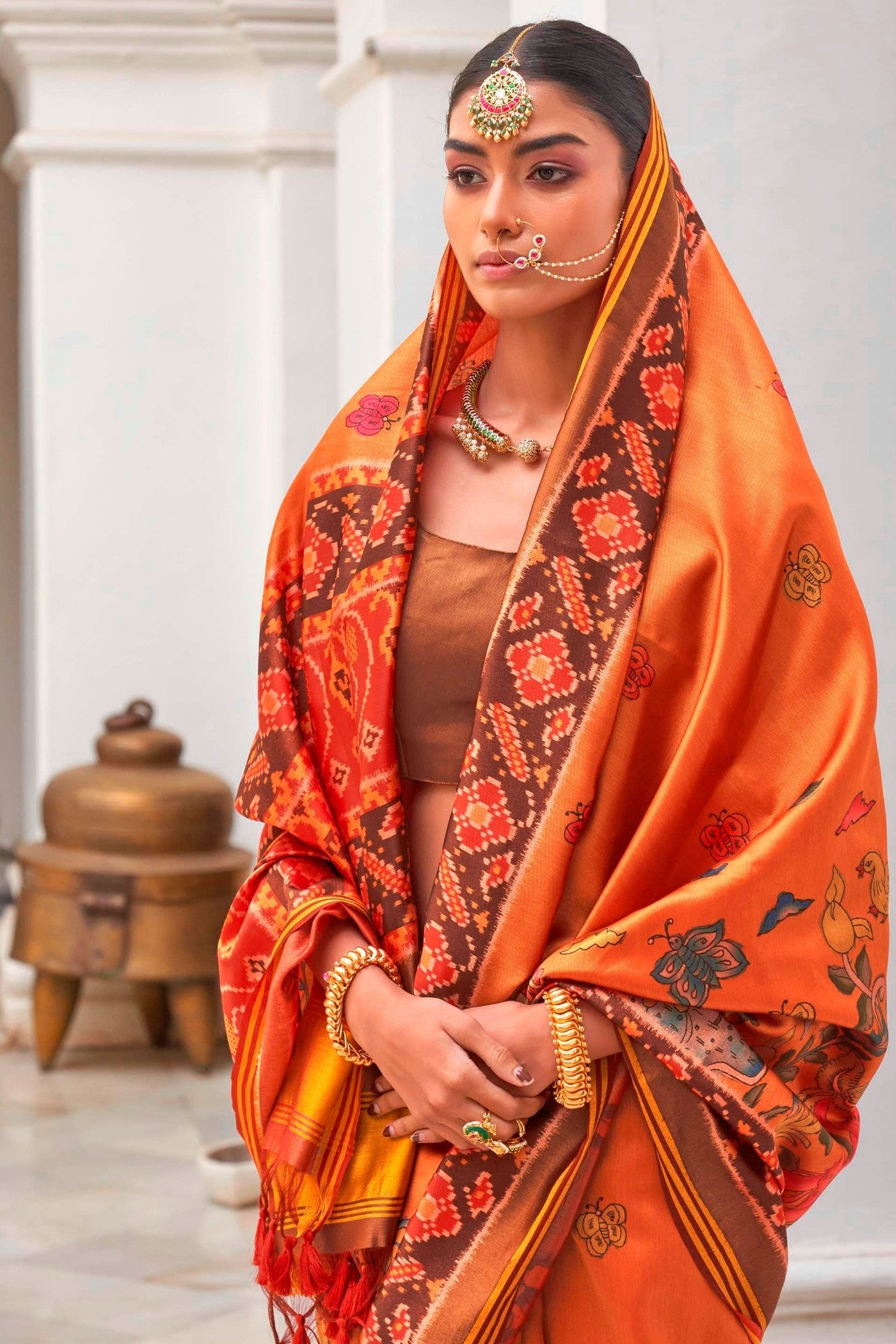 Buy MySilkLove Pumpkin Orange Printed Patola Saree Online