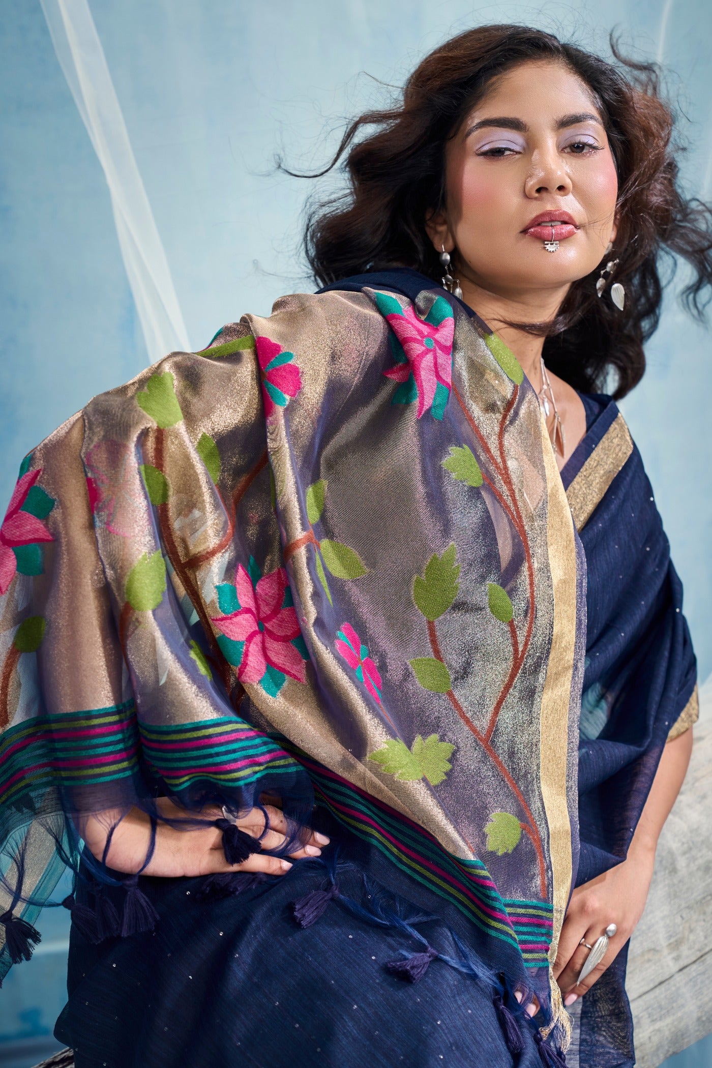 Buy MySilkLove Monastral Blue Munga Handloom Tissue Pallu Saree Online