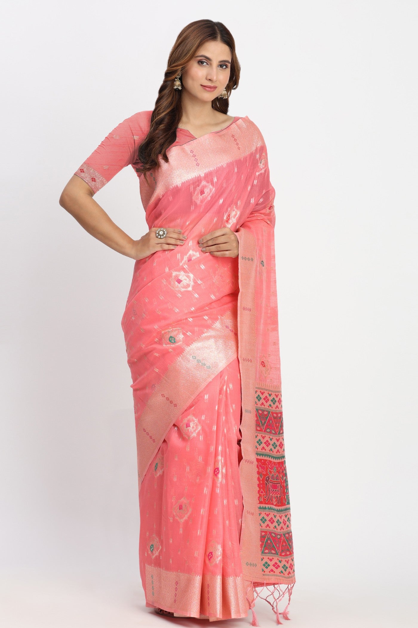 Buy MySilkLove Burn Peach Woven Linen Cotton Saree Online