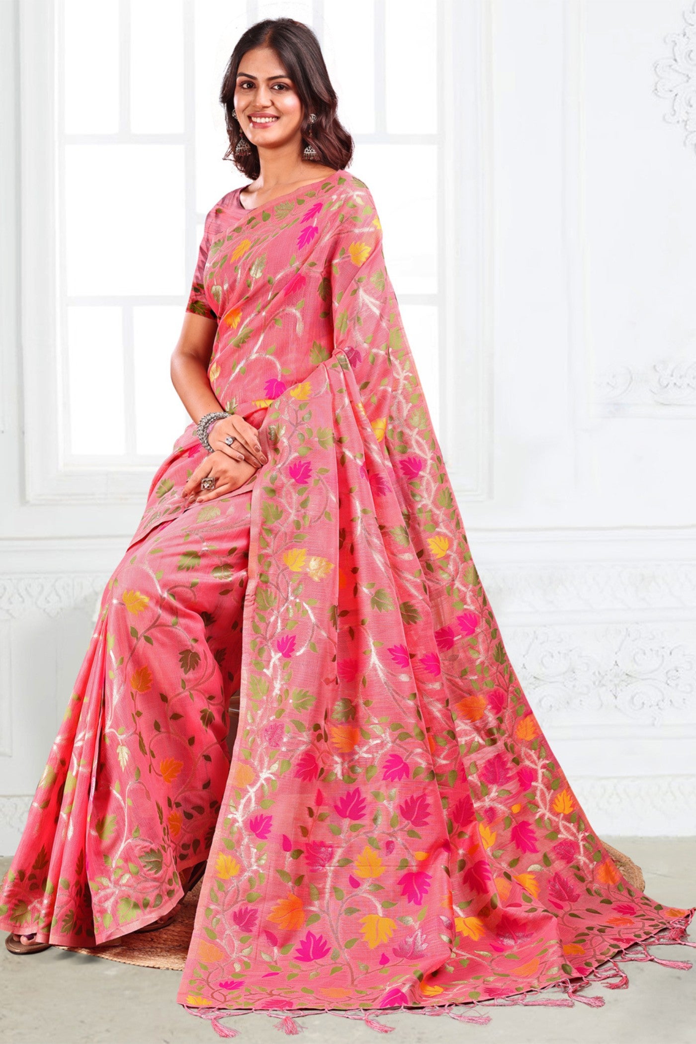 Buy MySilkLove Coral Pink Woven Linen Cotton Saree Online