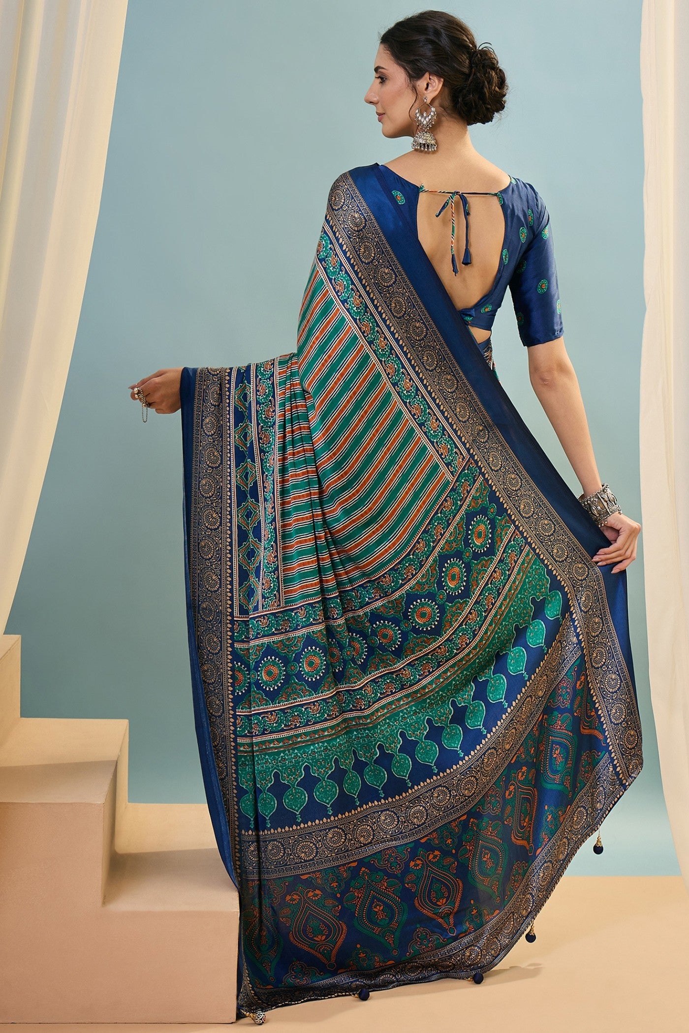 Buy MySilkLove Runic Blue Ajrakh Printed Satin Crepe Silk Saree Online