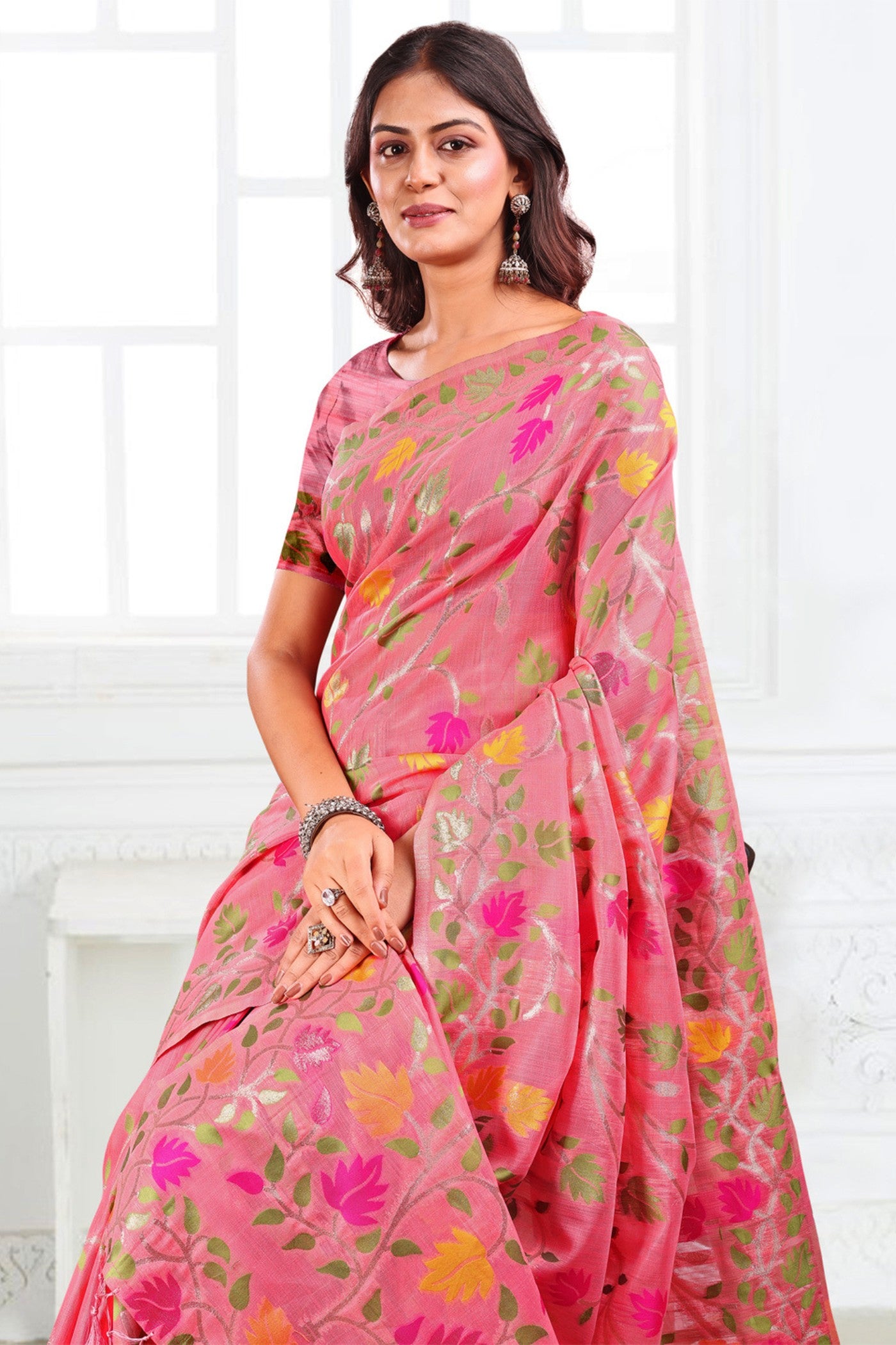 Buy MySilkLove Coral Pink Woven Linen Cotton Saree Online