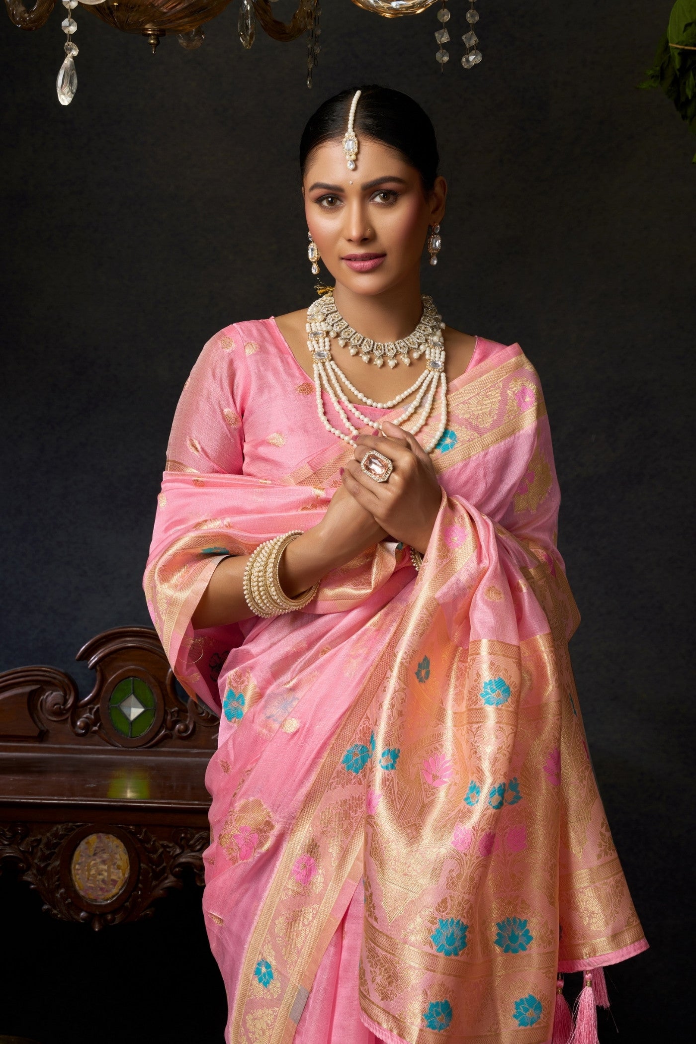 MySilkLove Blossom Pink Woven Banarasi Organza Saree