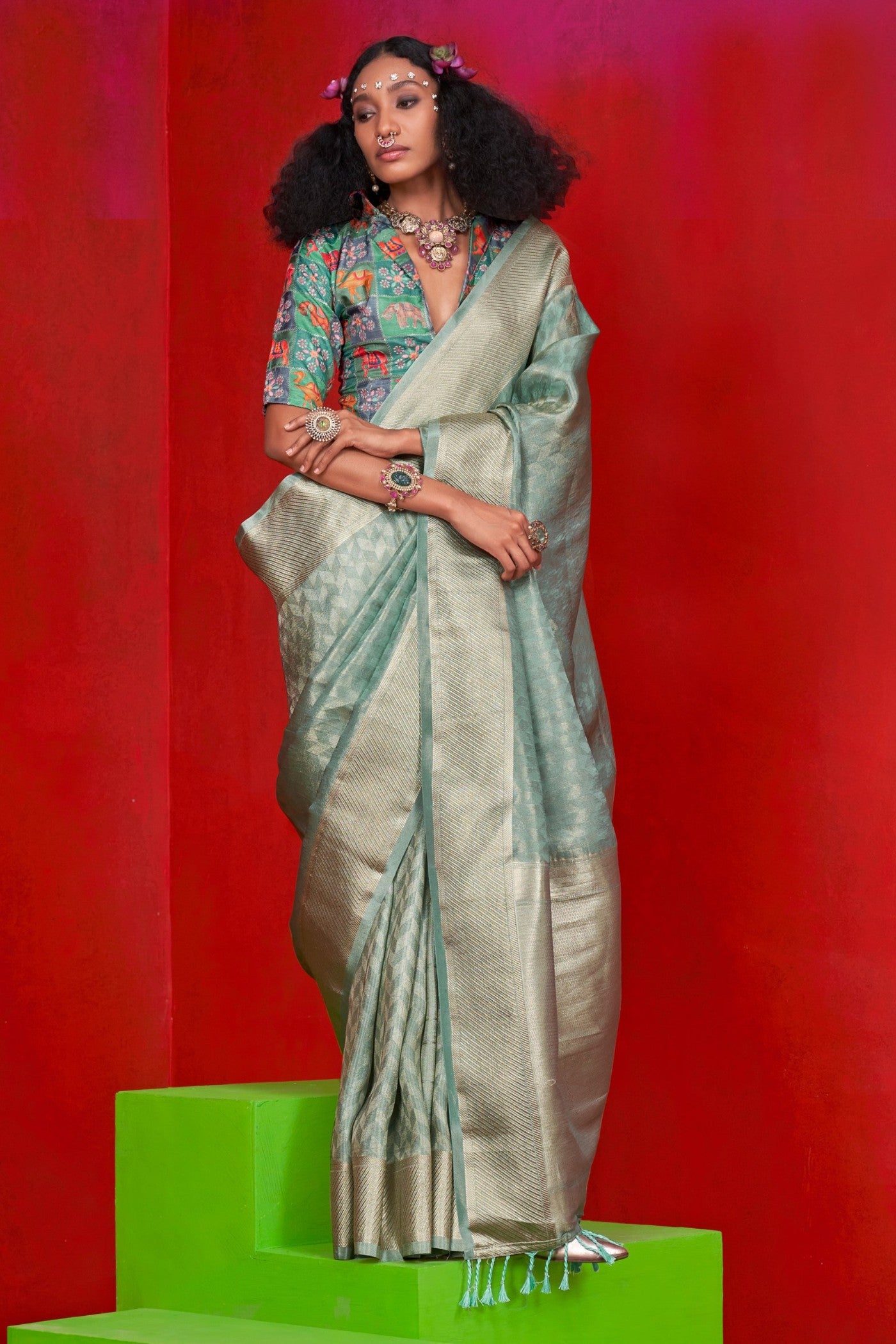 Buy MySilkLove Mint Green Woven Tissue Silk Saree Online
