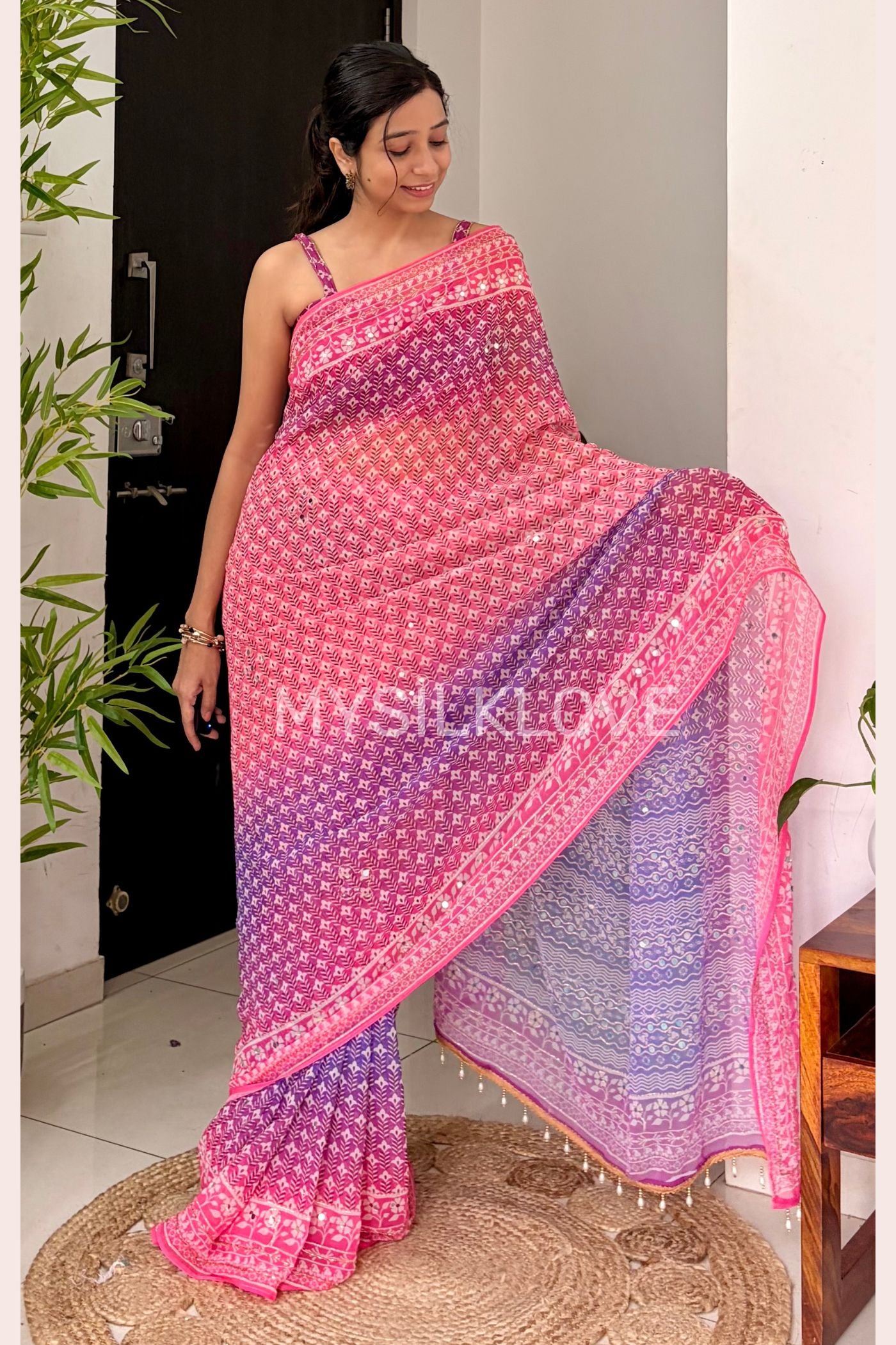Buy MySilkLove Kareena Kapoor Inspired: Pink Ajrakh Georgette Mirror Work Saree Online