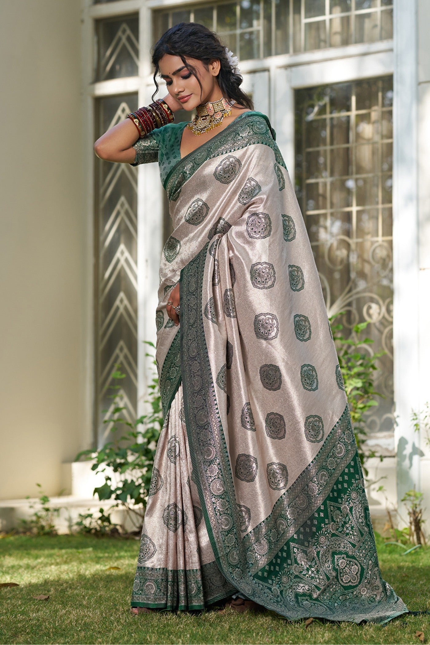 Buy MySilkLove Ivory Cream and Green Woven Banarasi Saree Online