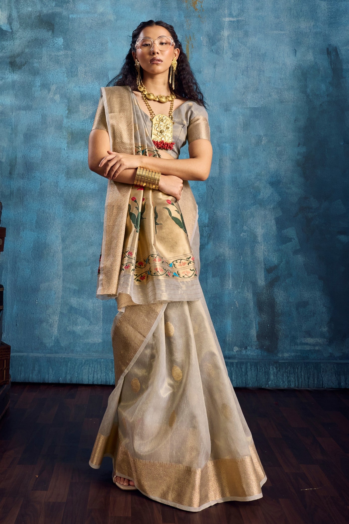 Buy MySilkLove Cadet Grey Zari Woven Tissue Paithani Saree Online