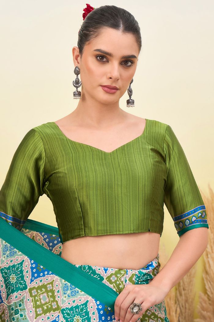 Buy MySilkLove Turquoise Blue Patola Printed Satin Crepe Silk Saree Online