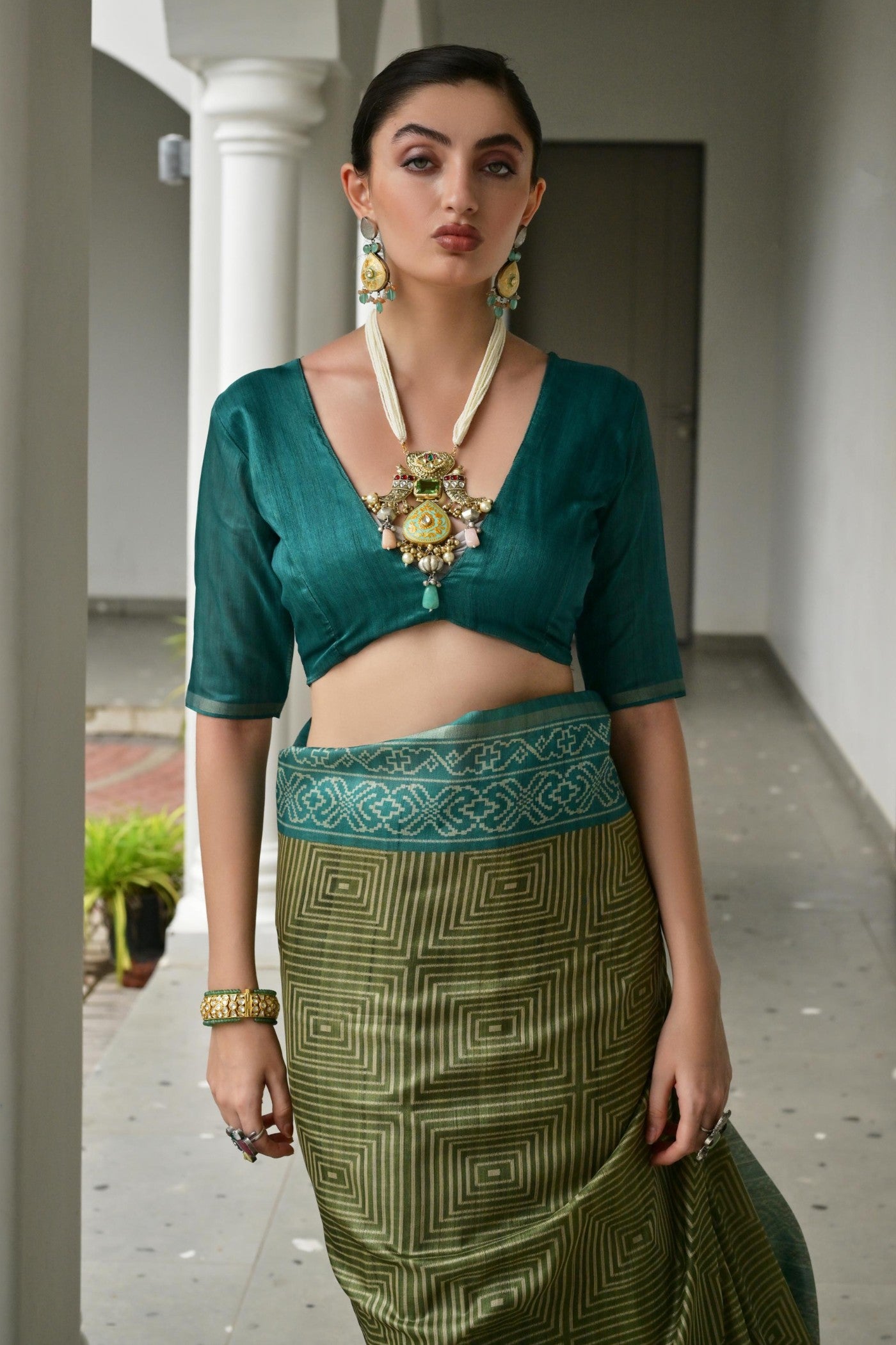 Buy MySilkLove Verdun Green and Blue Printed Tussar Silk Saree Online