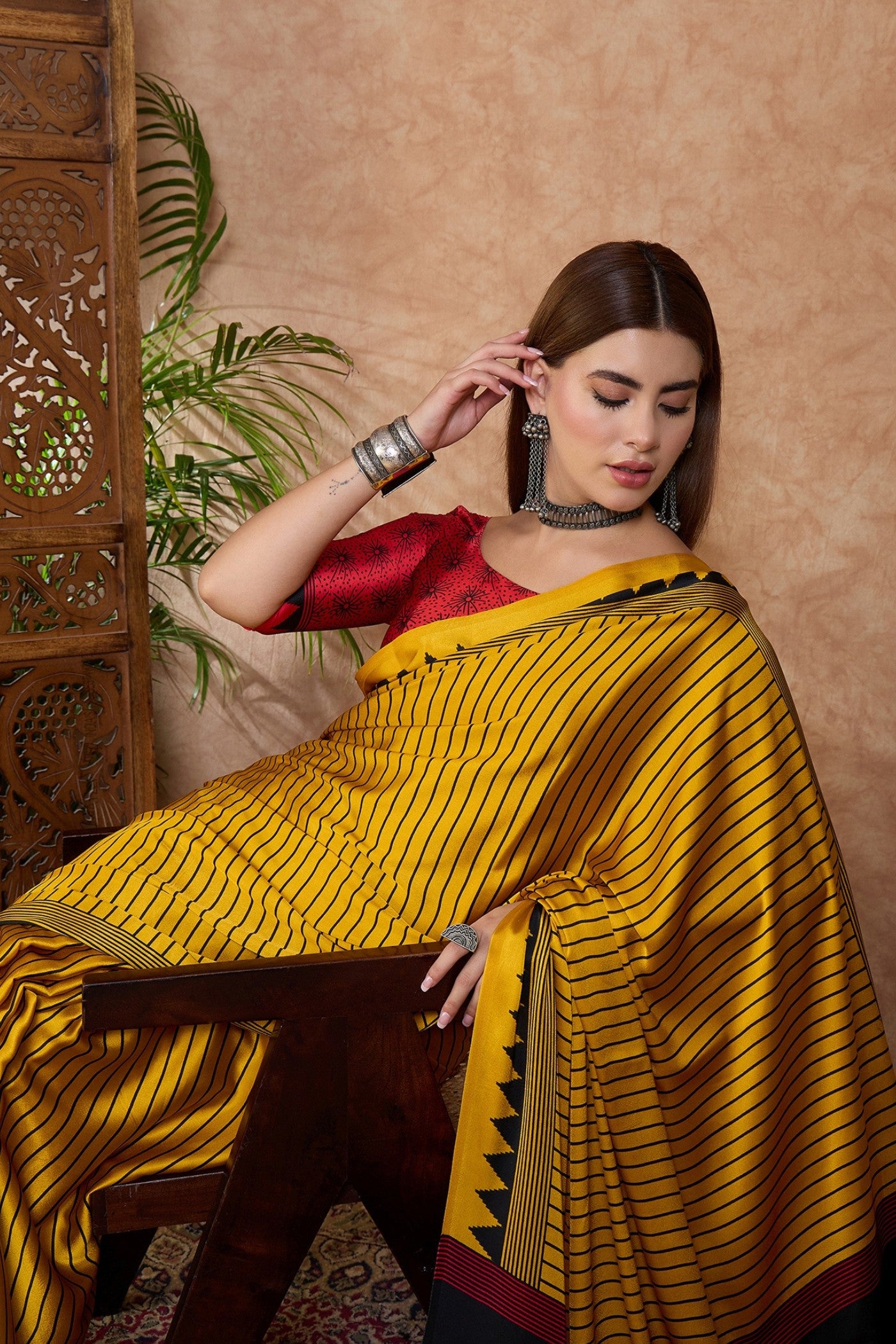MySilkLove Husk Yellow and Black Stripe Ajrakh Printed Satin Crepe Silk Saree