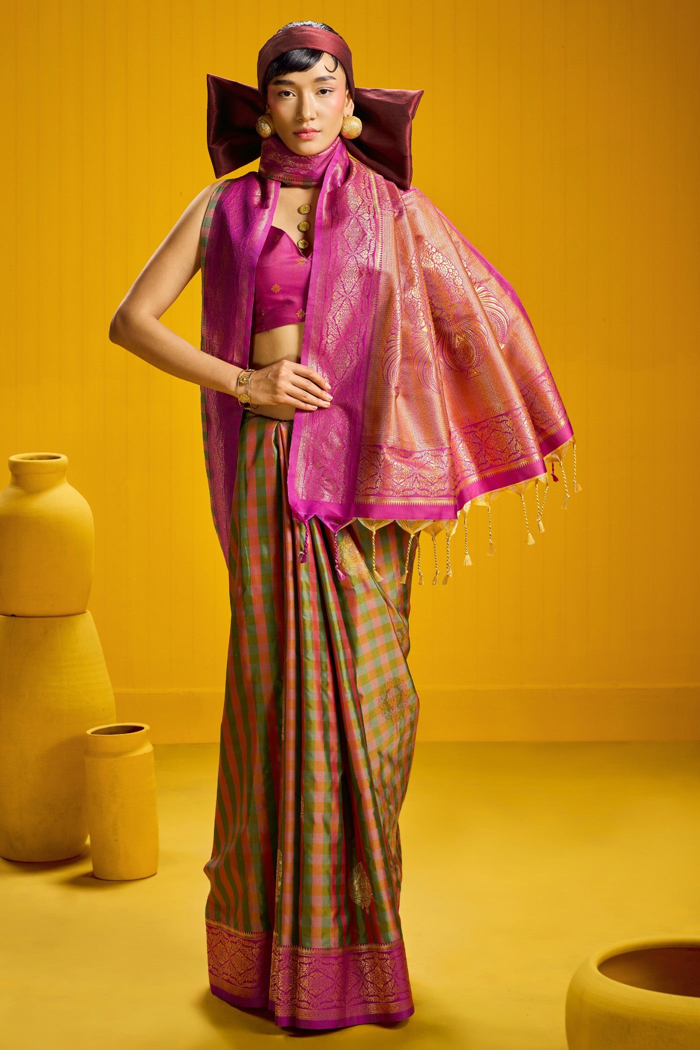 Buy MySilkLove Haritha Green Banarasi Two Tone Checks Handloom Saree Online