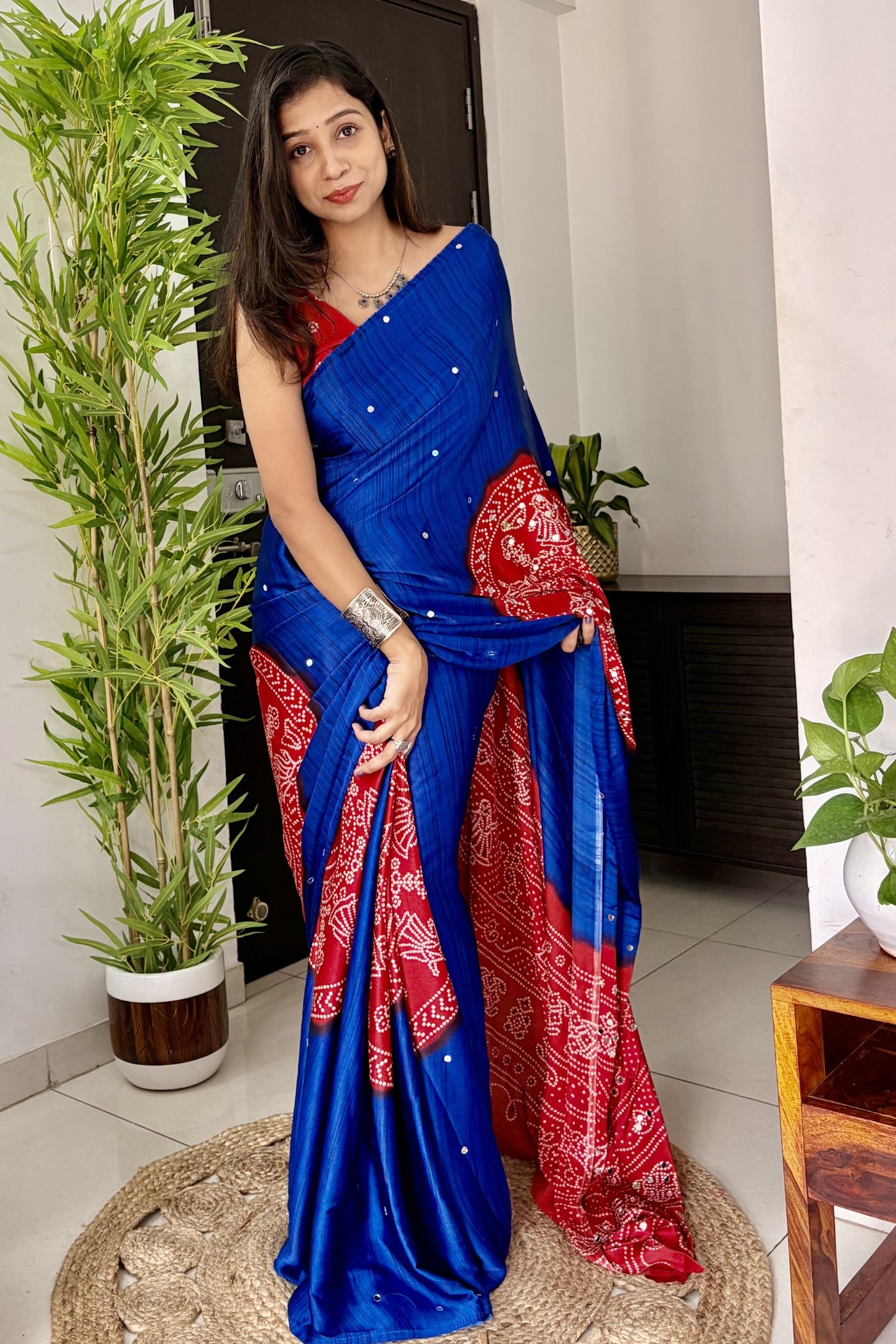 Buy MySilkLove Admiral Blue and Red Gaji Bandej Satin Soft Silk Saree Online