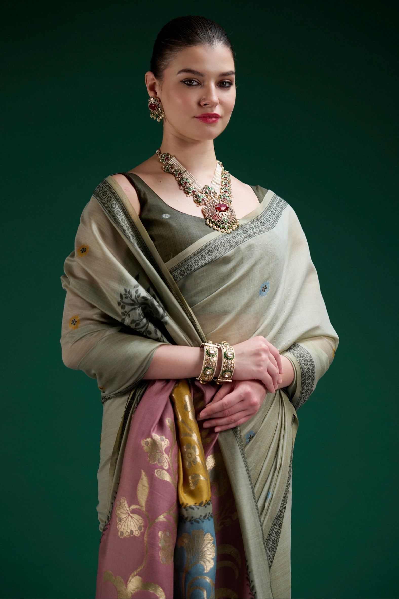 Buy MySilkLove Lime Green Jamdani Woven Muga Cotton Saree Online