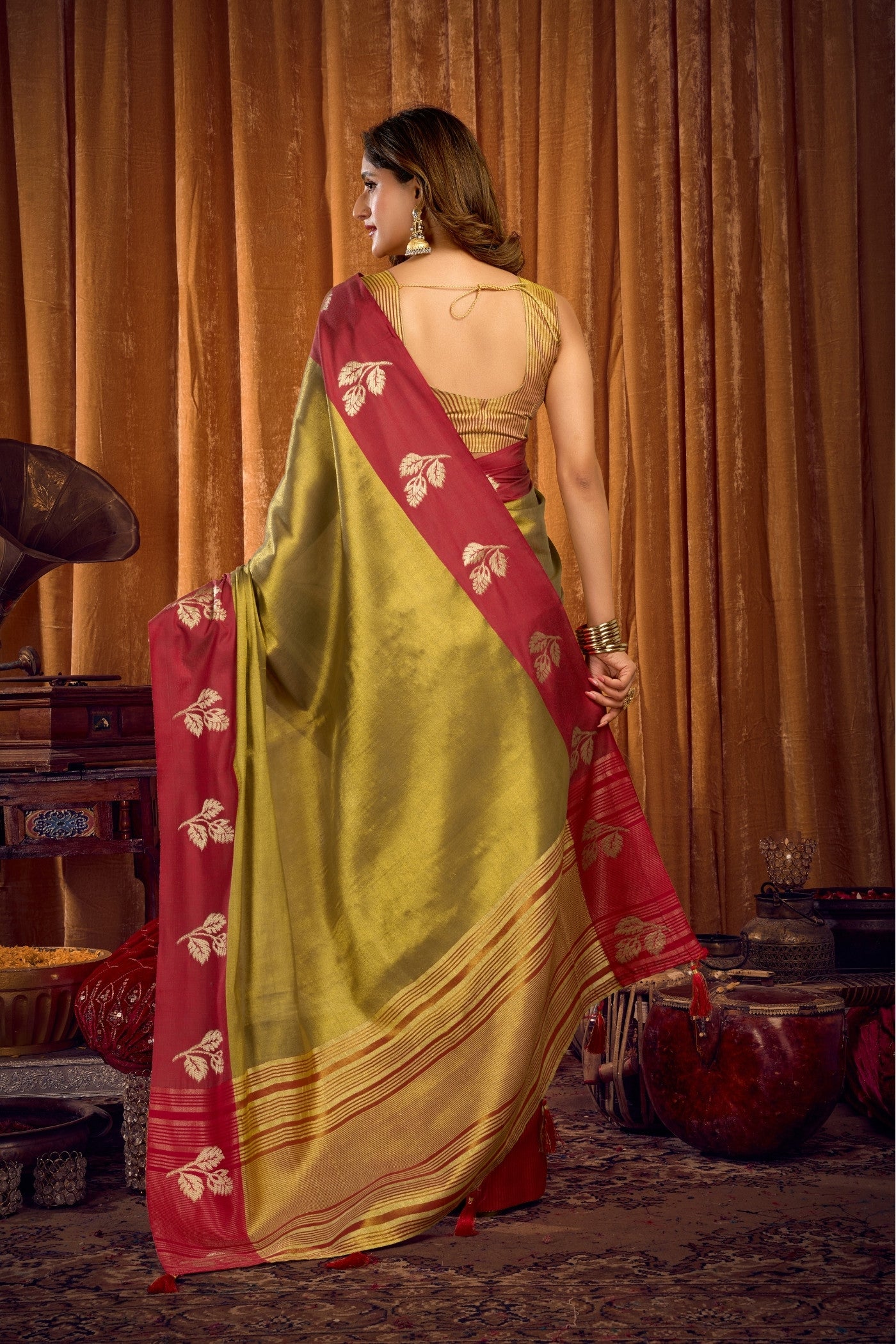Buy MySilkLove Lime Green Woven Tissue Saree Online