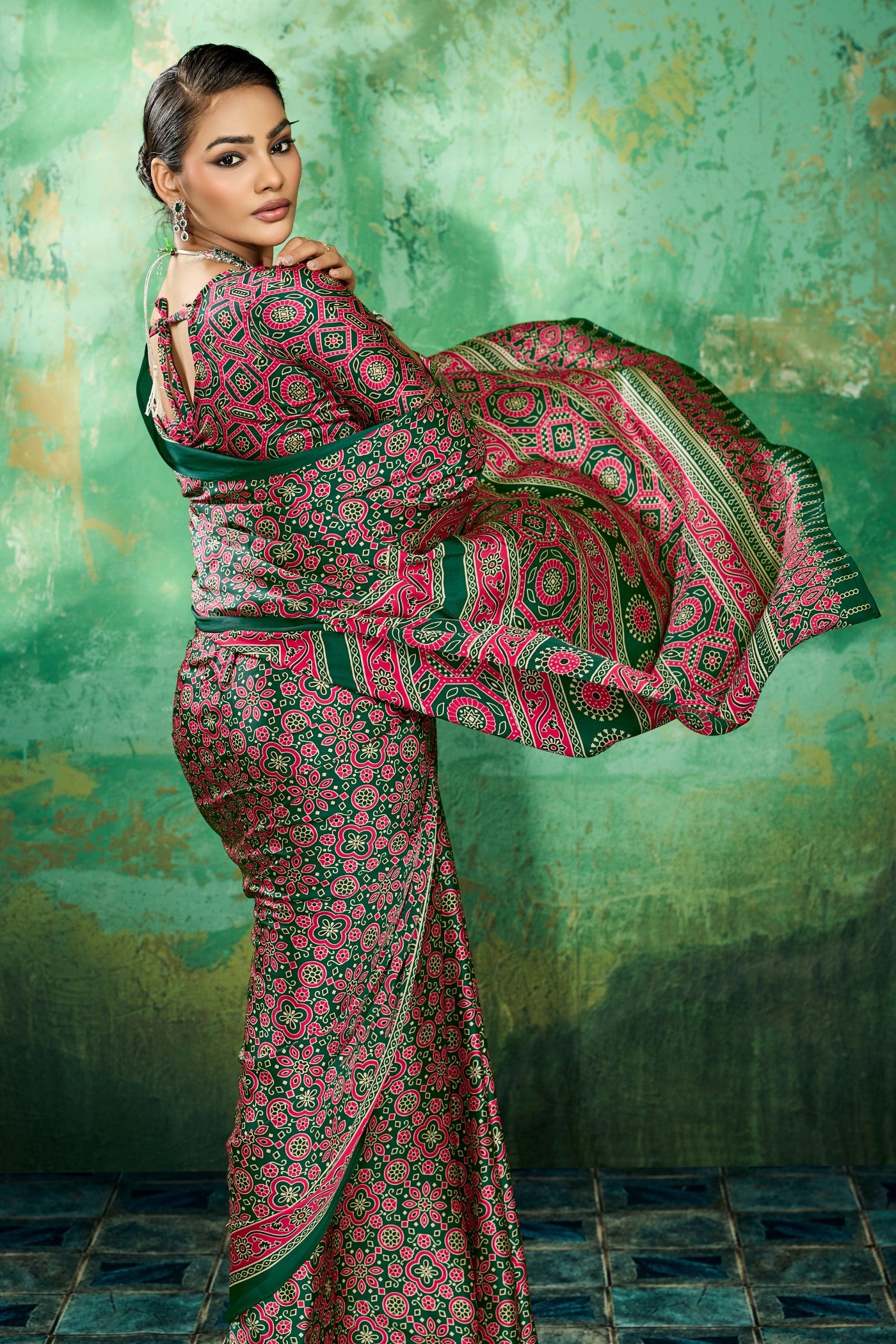 Buy MySilkLove Royal Emerald Green Modal Ajrakh Satin Printed Silk Saree Online