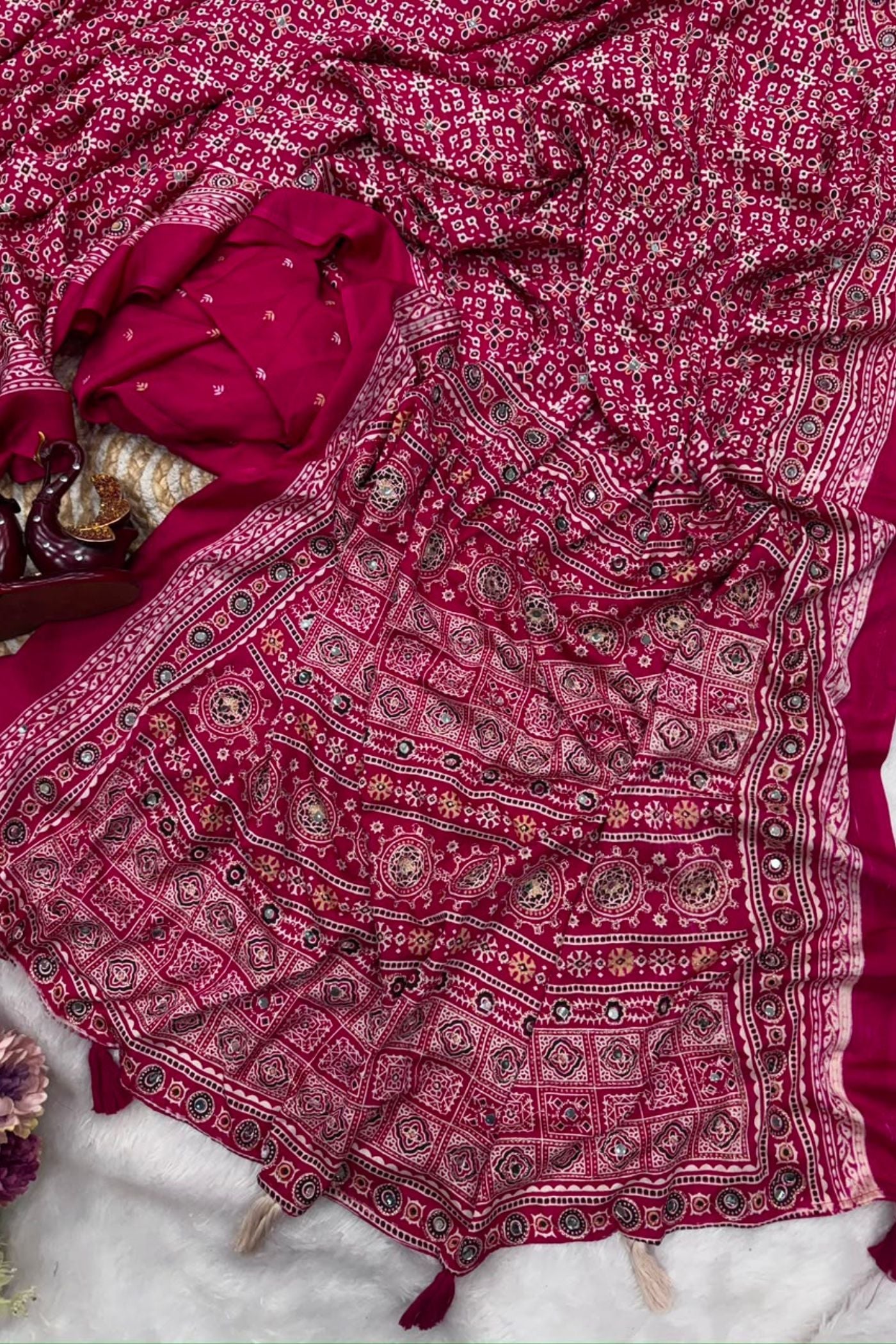 Buy MySilkLove Metal Black Modal Ajrakh Satin Printed Mirror Work Saree Online