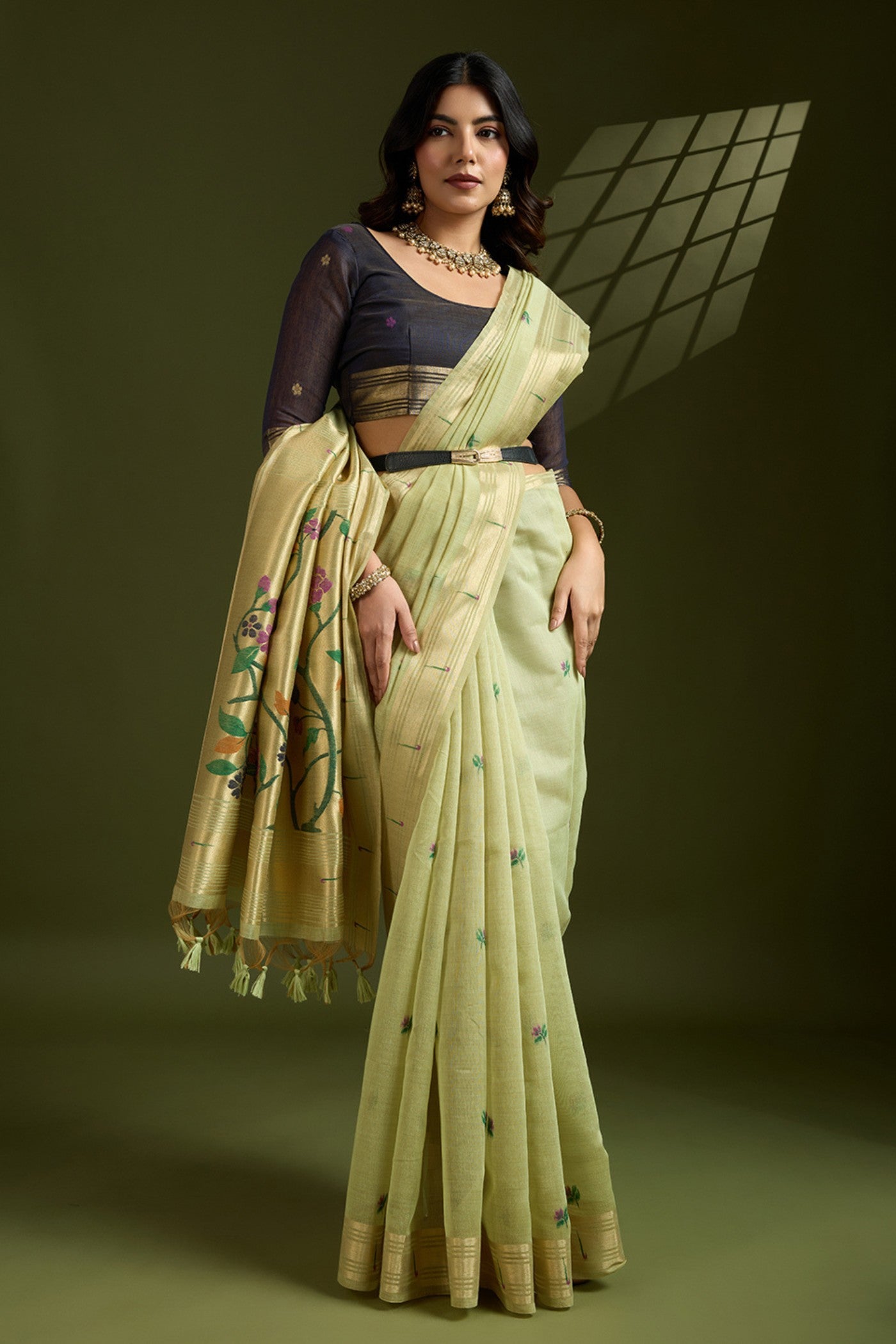 Buy MySilkLove Pear Green Woven Muga Cotton Paithani Saree Online