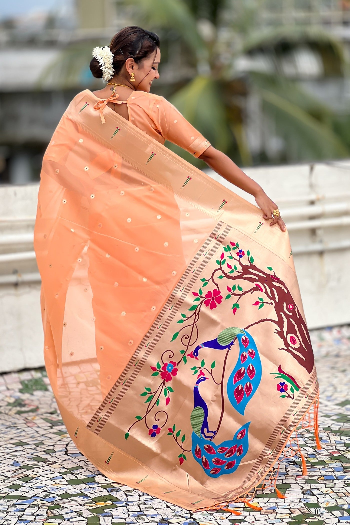 Buy MySilkLove Sunset Peach Organza Woven Paithani Saree Online