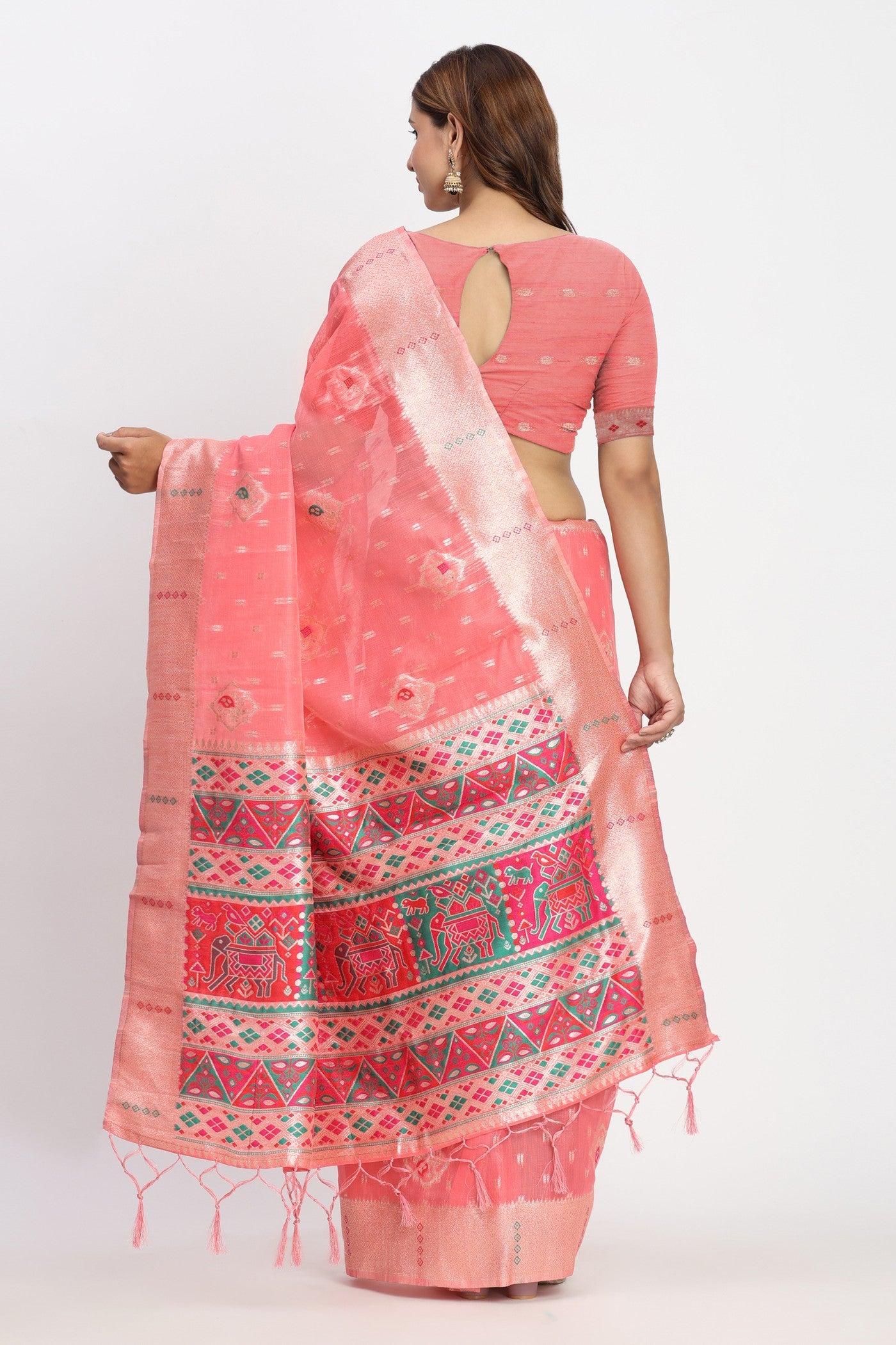 Buy MySilkLove Burn Peach Woven Linen Cotton Saree Online