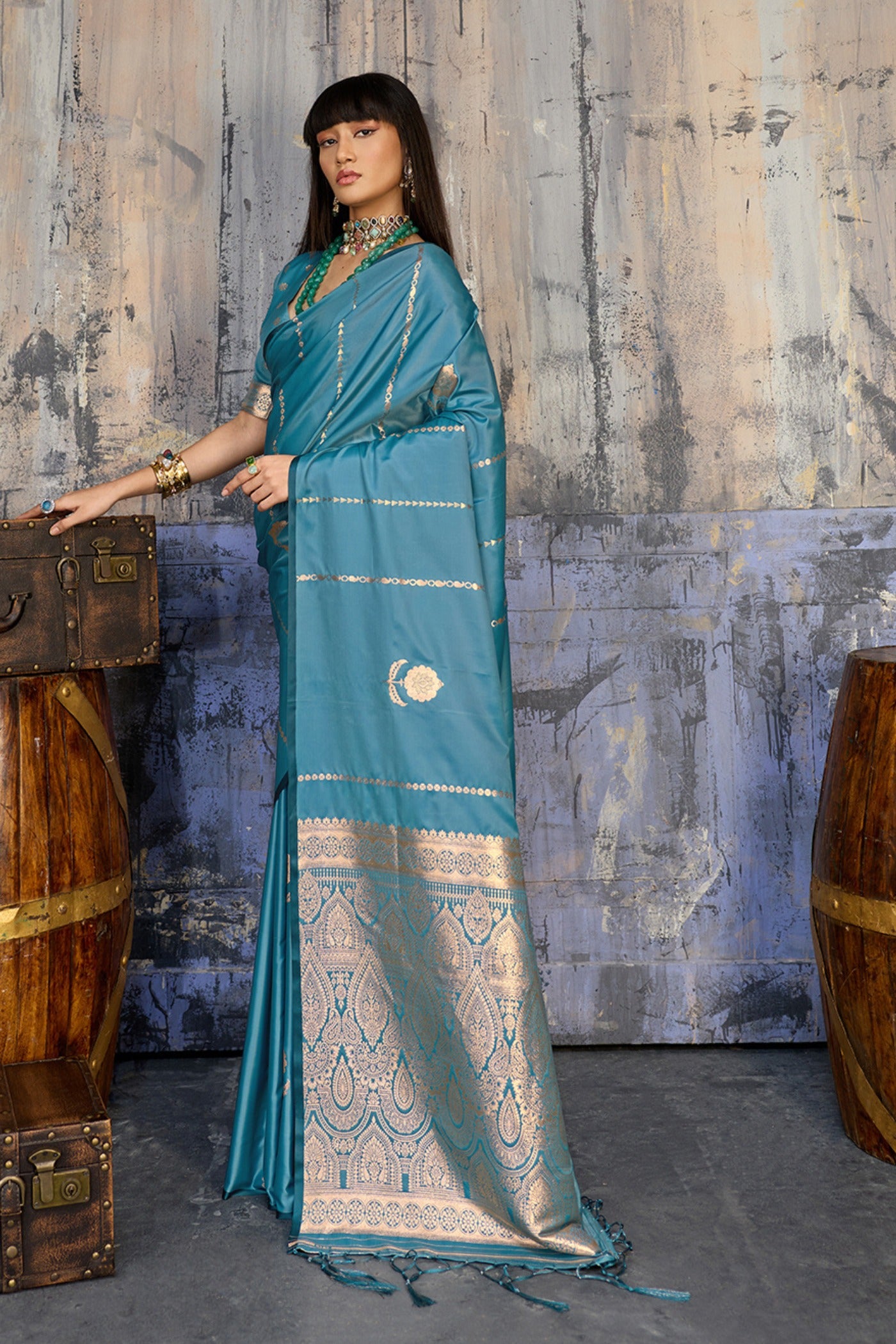 Buy MySilkLove Rail Blue Handloom Satin Silk Saree Online