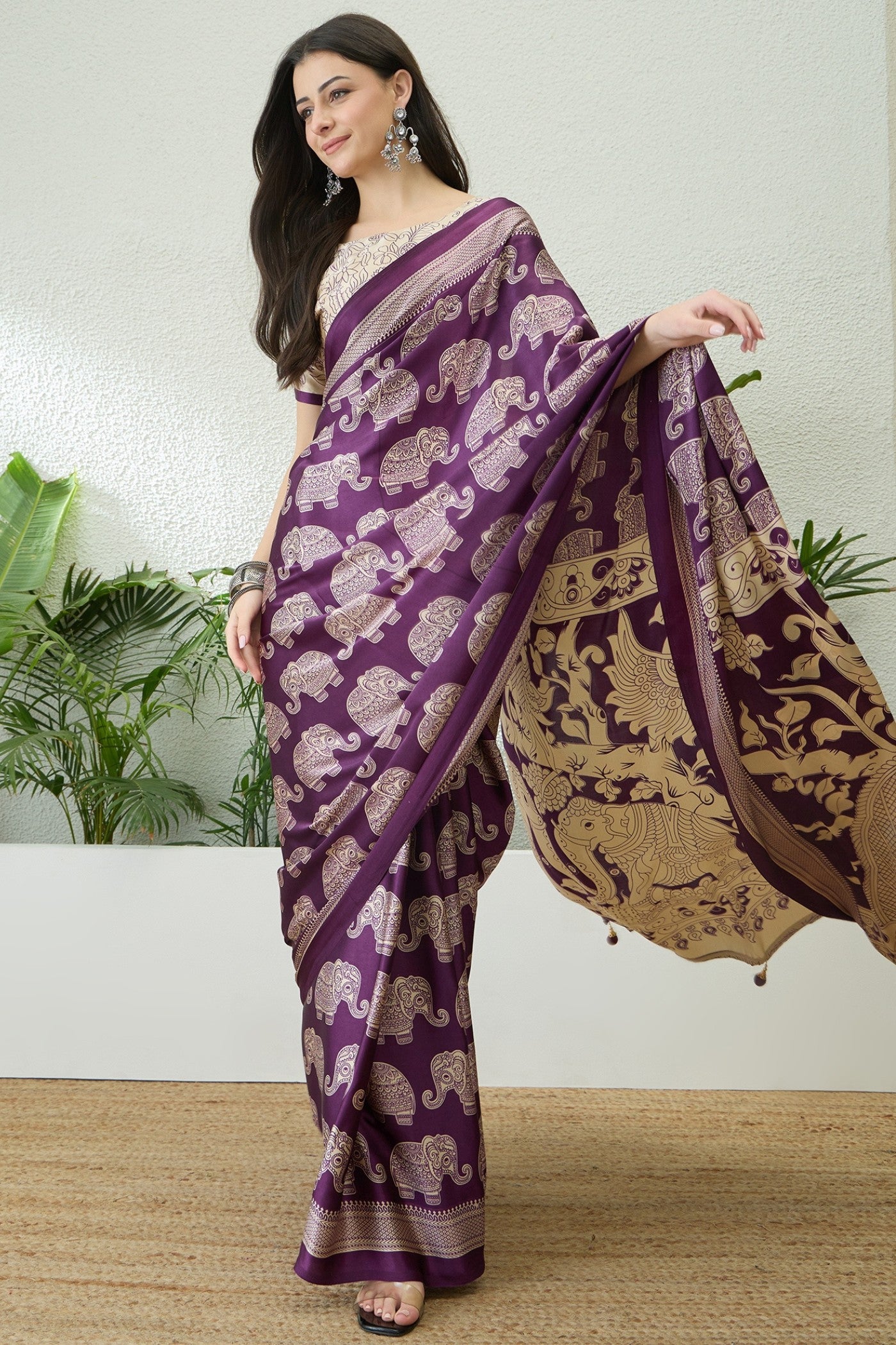 Buy MySilkLove Thistle Purple Ajrakh Printed Satin Crepe Silk Saree Online