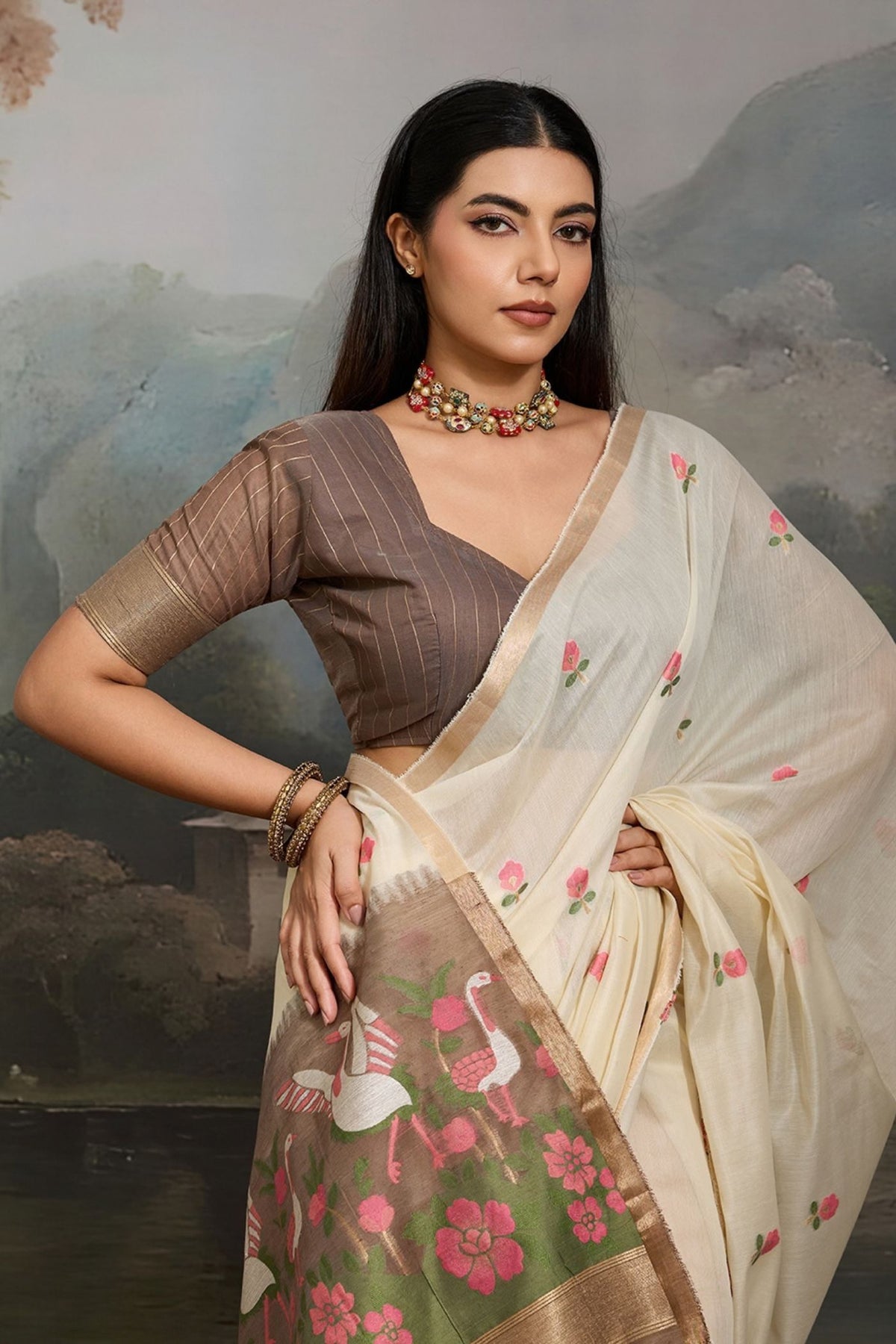 Buy MySilkLove Snowdrop White Cotton Handloom Swan Saree Online