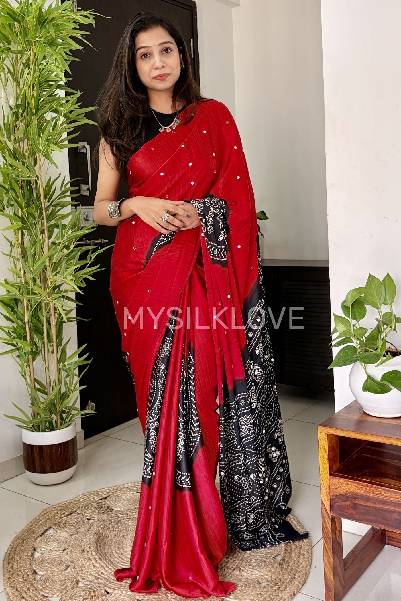 Buy MySilkLove Ruby Red and Black Gaji Bandej Satin Soft Silk Saree Online
