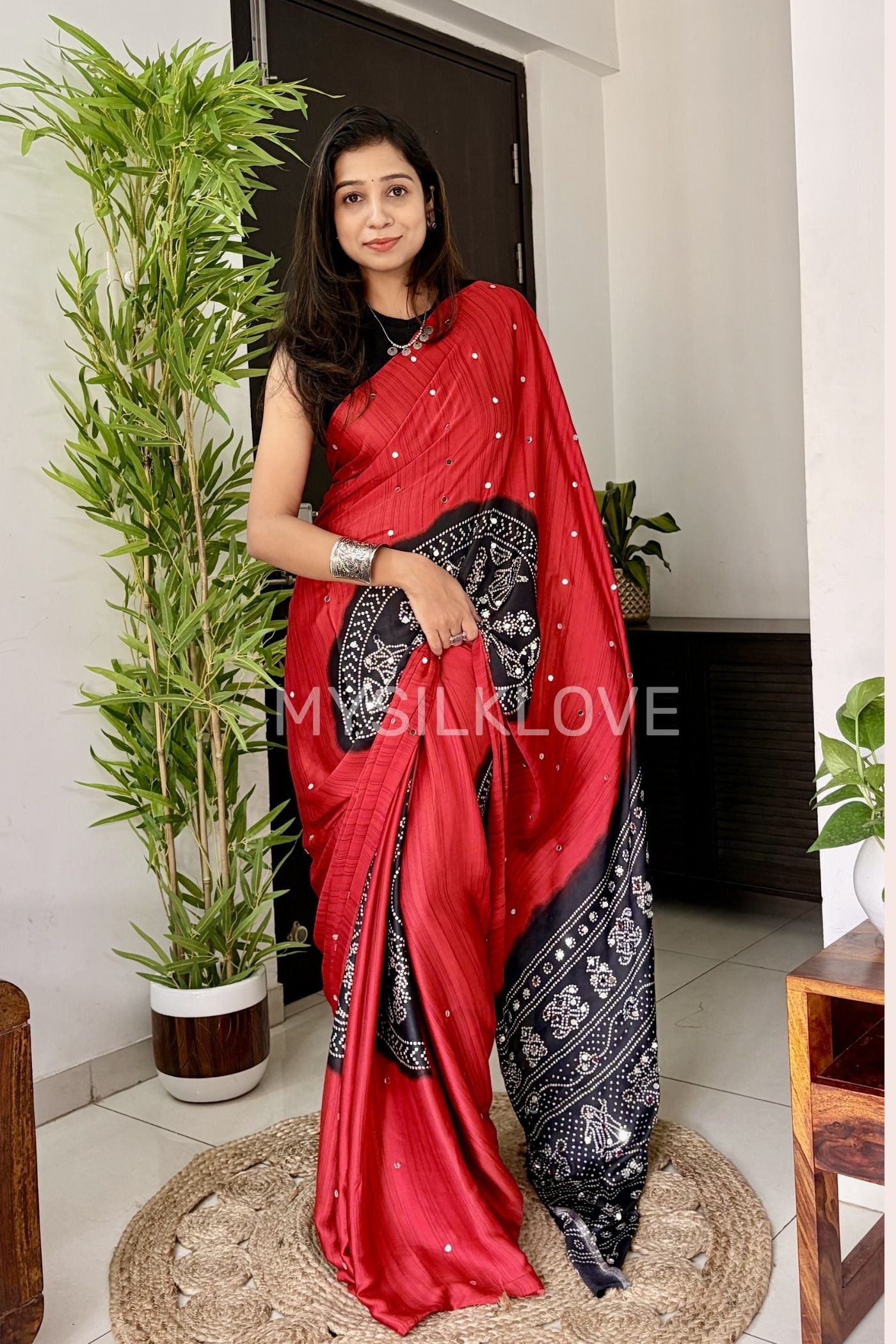 Buy MySilkLove Ruby Red and Black Gaji Bandej Satin Soft Silk Saree Online