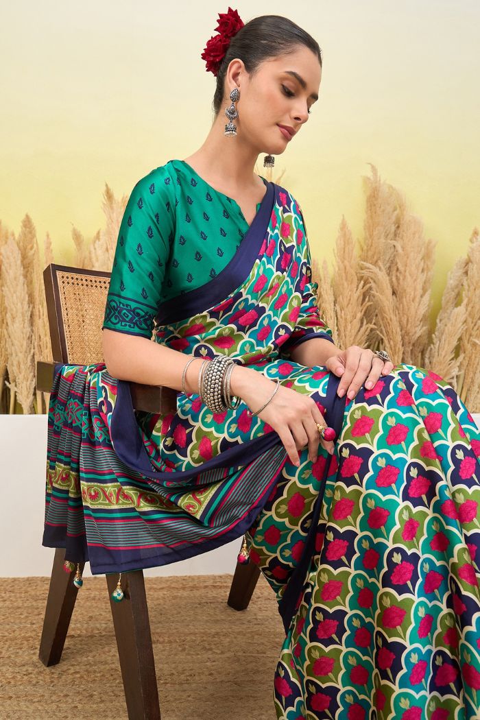 Buy MySilkLove Navy Blue and Green Modal Satin Printed Silk Saree Online
