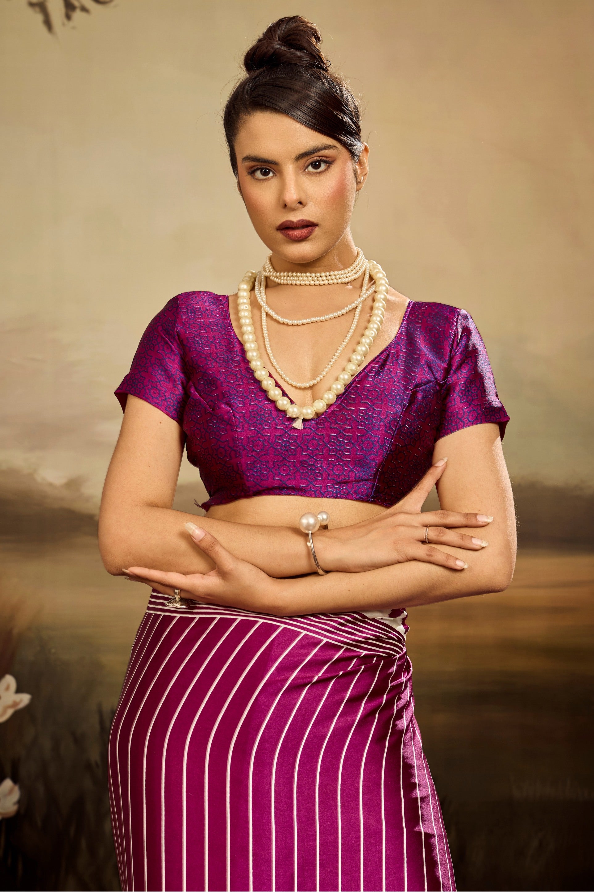 Buy MySilkLove Honey Flower Purple Ajrakh Printed Satin Crepe Silk Saree Online