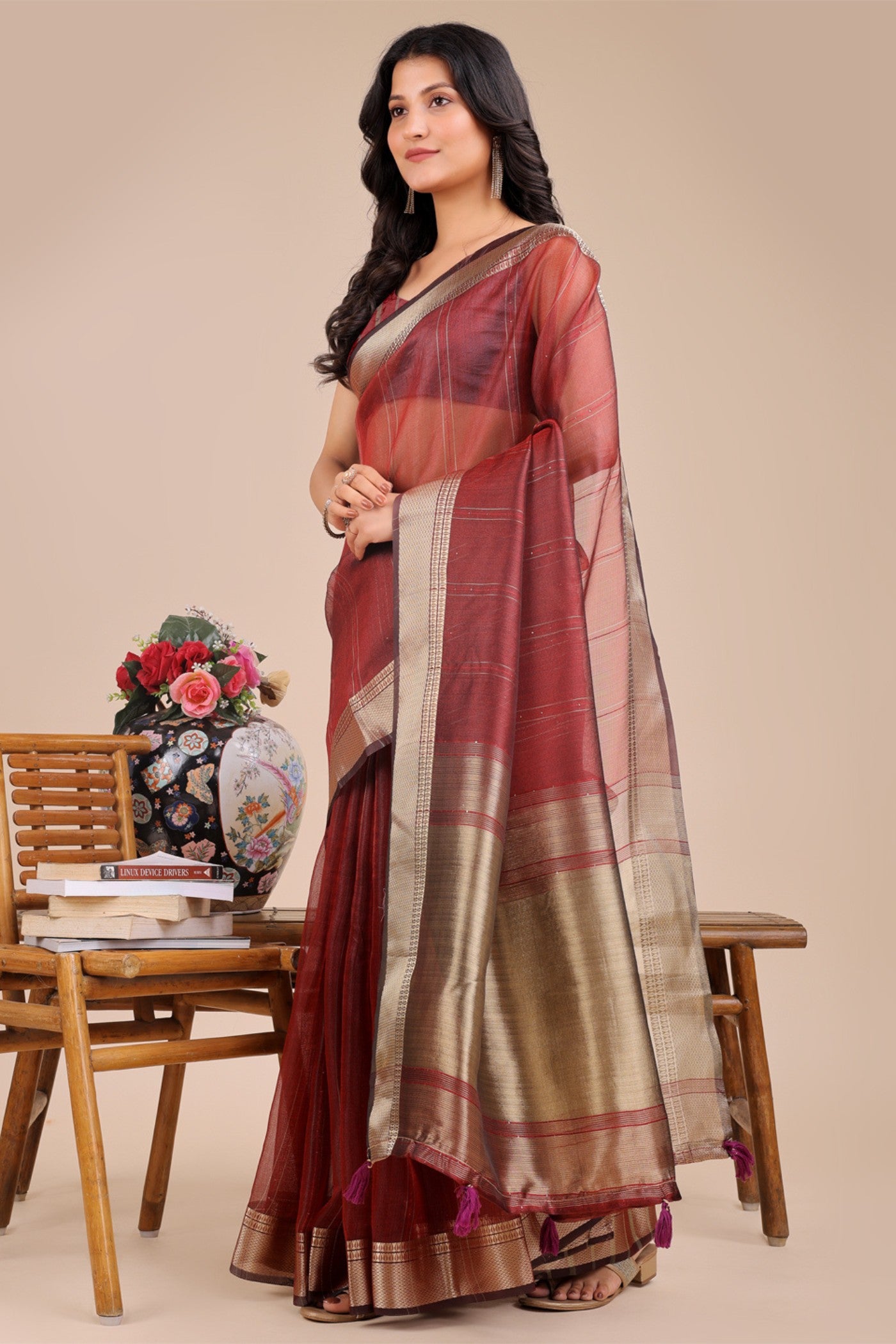 Buy MySilkLove Mocca Brown Woven Organza Saree Online