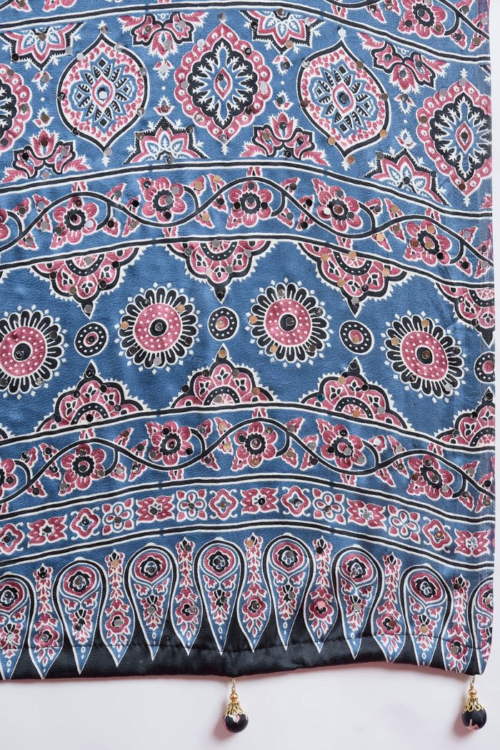 Buy MySilkLove Ocean Blue Modal Ajrakh Satin Printed Mirror Work Saree Online