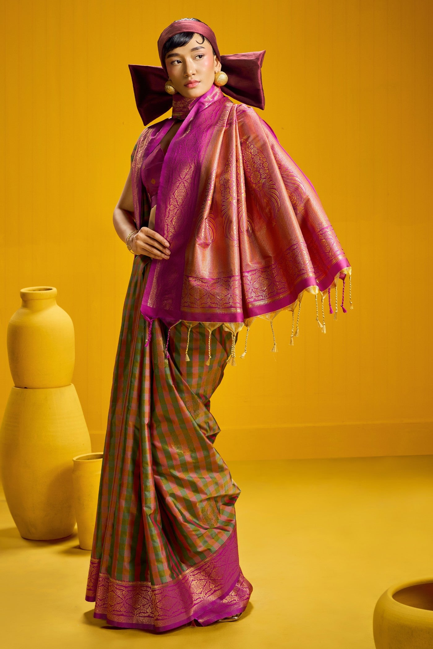 Buy MySilkLove Haritha Green Banarasi Two Tone Checks Handloom Saree Online