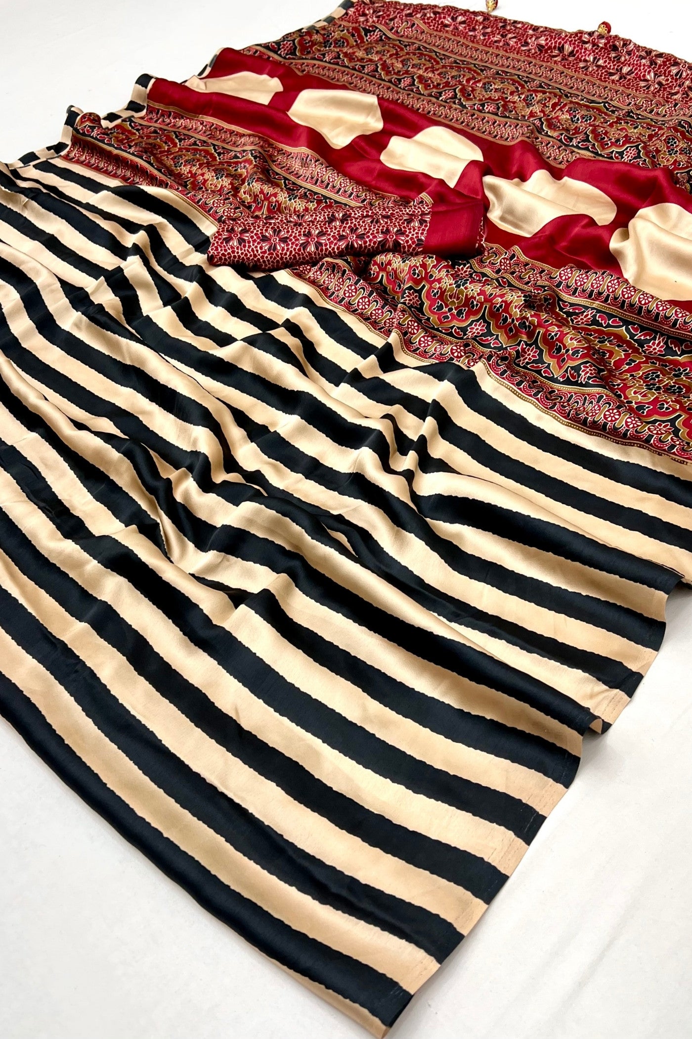 Buy MySilkLove Sonali Kulkarni Inspired: Buff Cream Stripe Ajrakh Printed Satin Gaji Silk Saree Online