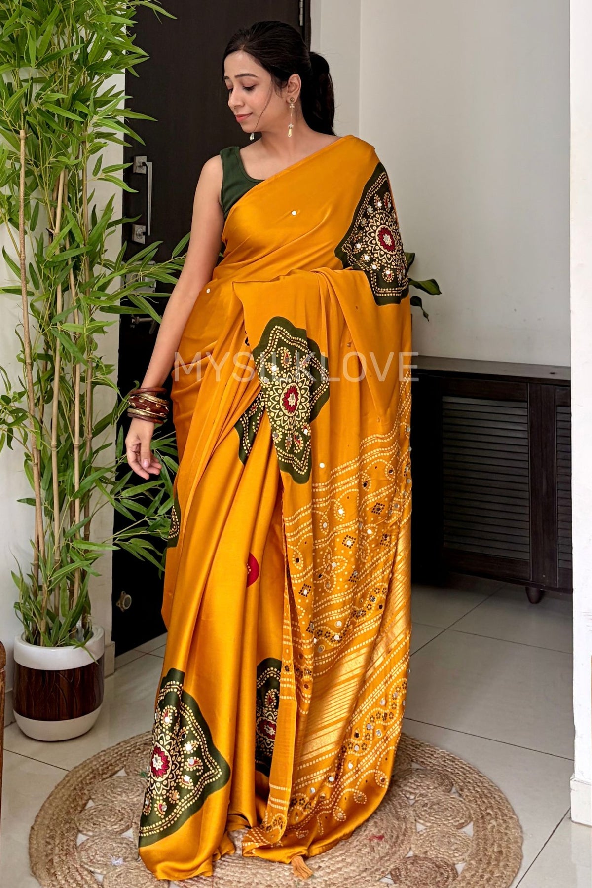 Buy MySilkLove Canary Yellow Satin Printed Bandhani Mirror Work Saree Online