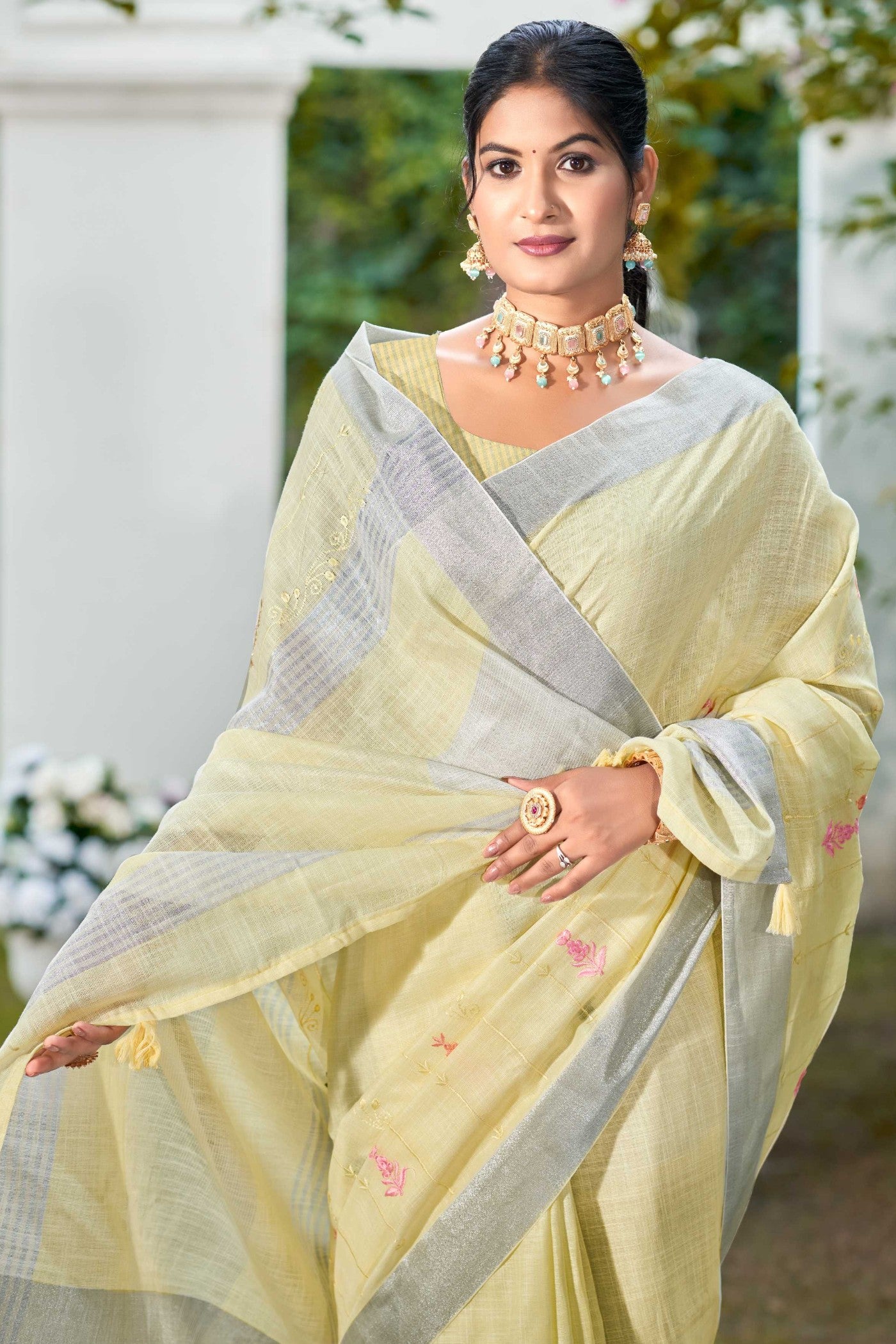 Buy MySilkLove Lemon Yellow Woven Cotton Linen Saree Online